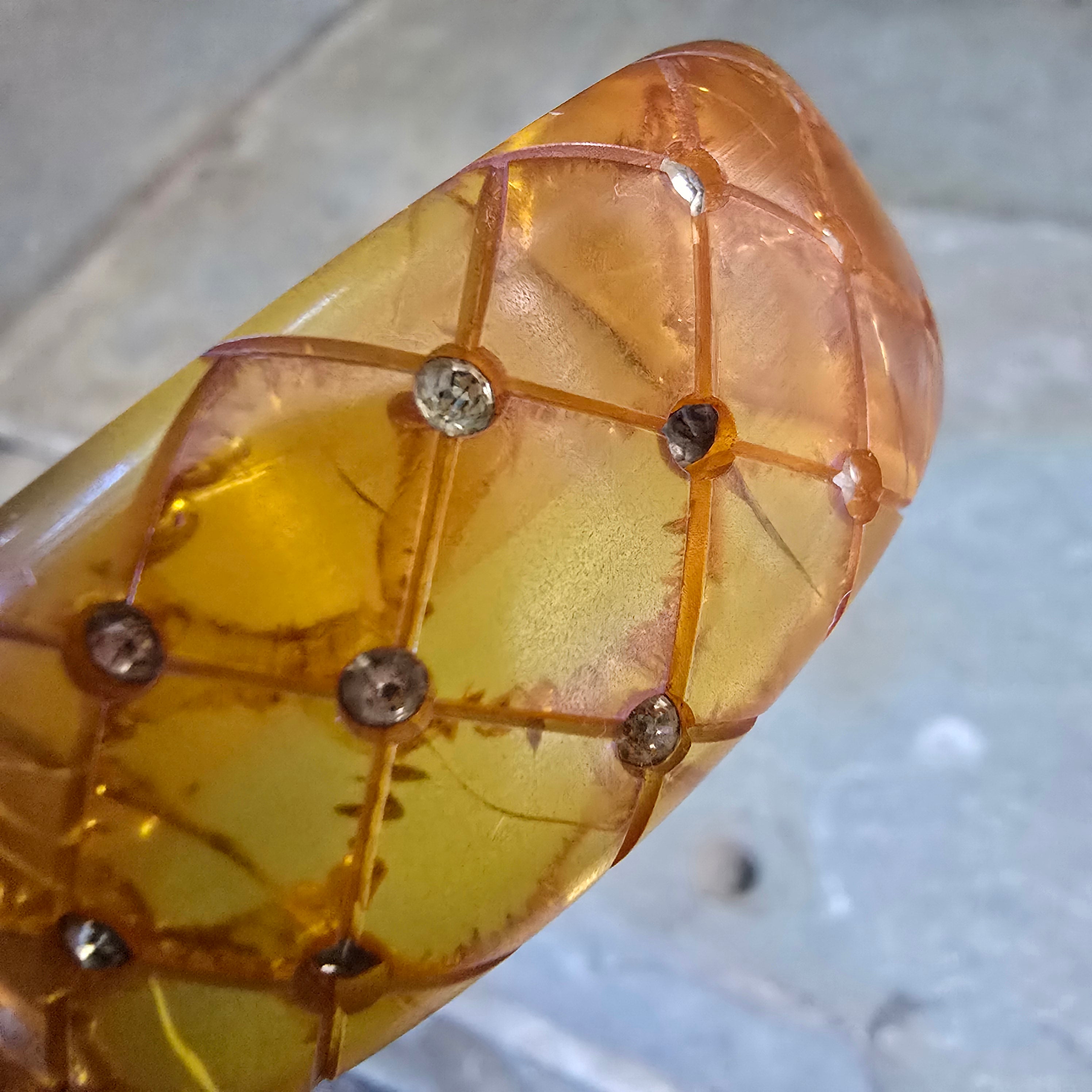 Antique Art Deco Carved Applejuice Bakelite Bangle Bracelet with Rhinestones