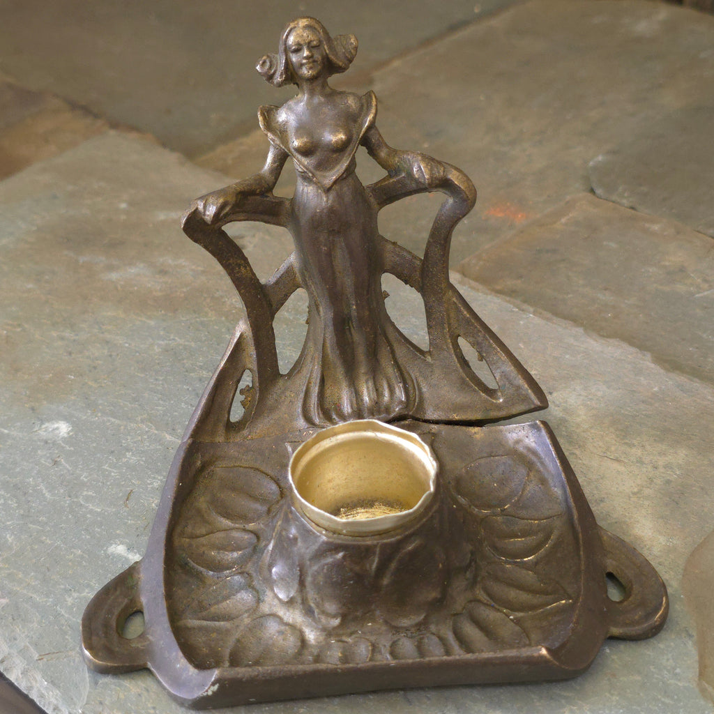 Antique Art Nouveau Nude Woman Flower Form Brass Inkwell Pen Holder Art Deco Stand