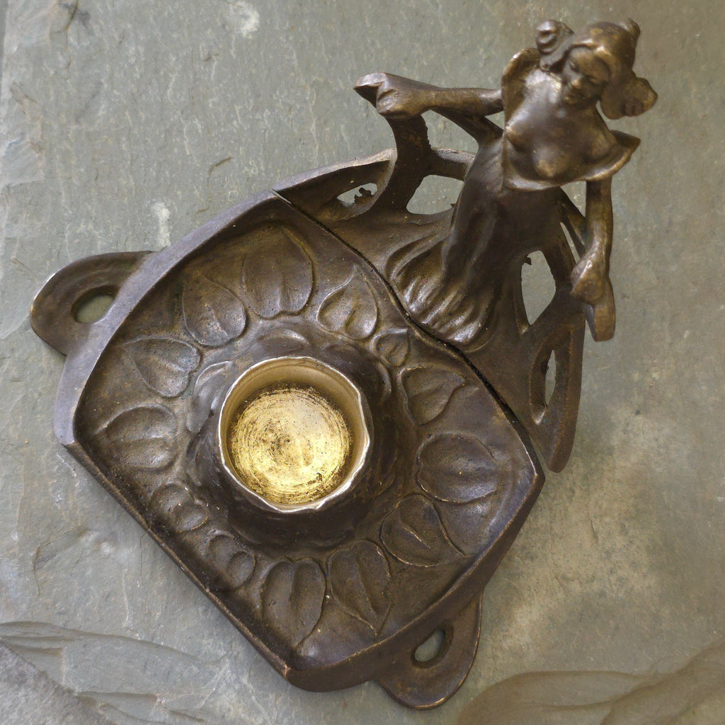 Antique Art Nouveau Nude Woman Flower Form Brass Inkwell Pen Holder Art Deco Stand