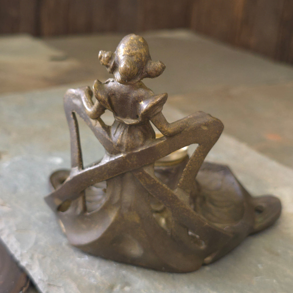 Antique Art Nouveau Nude Woman Flower Form Brass Inkwell Pen Holder Art Deco Stand