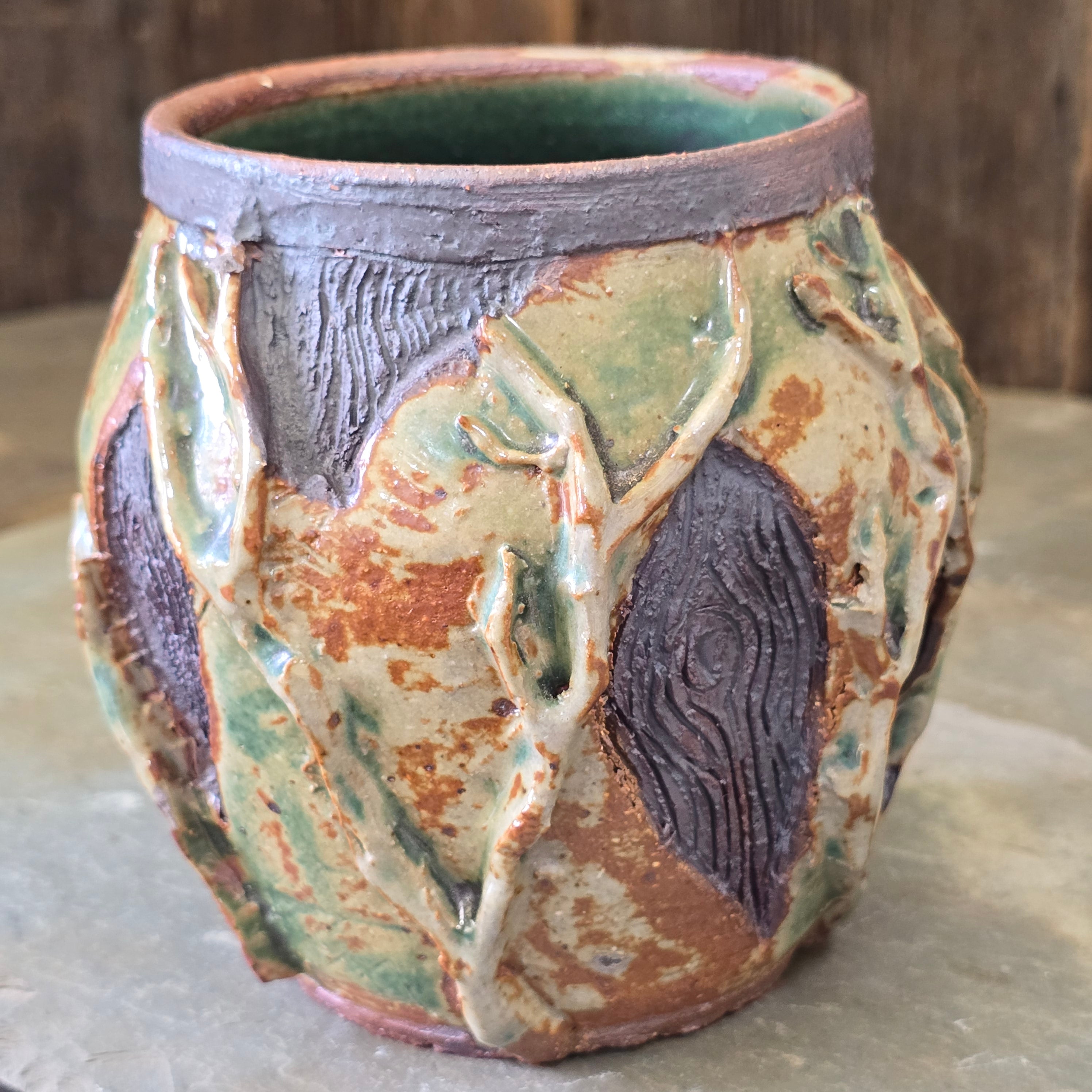 Vintage Handmade Organic Form Hand-Thrown Art Pottery Vase Pot Vines Branches