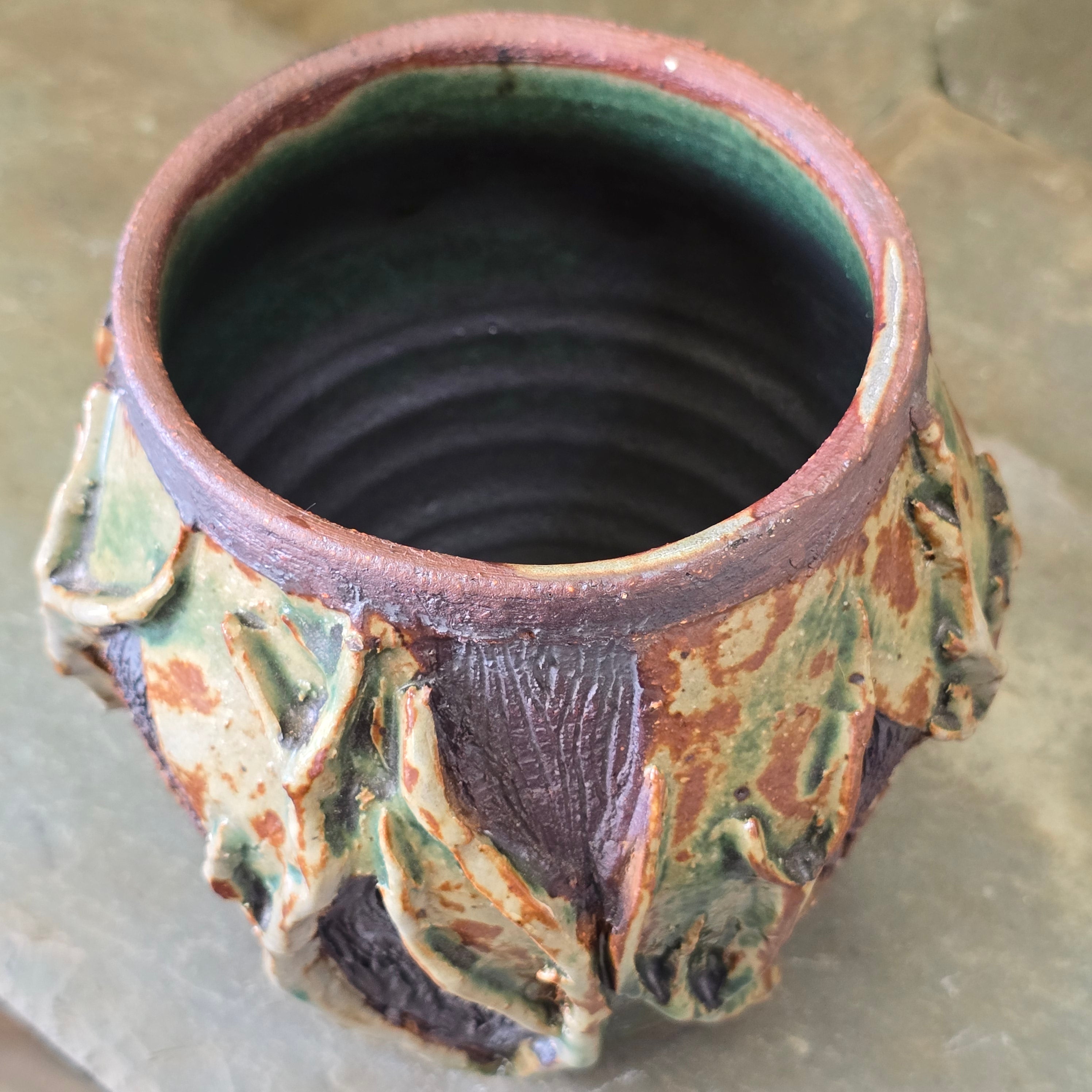 Vintage Handmade Organic Form Hand-Thrown Art Pottery Vase Pot Vines Branches