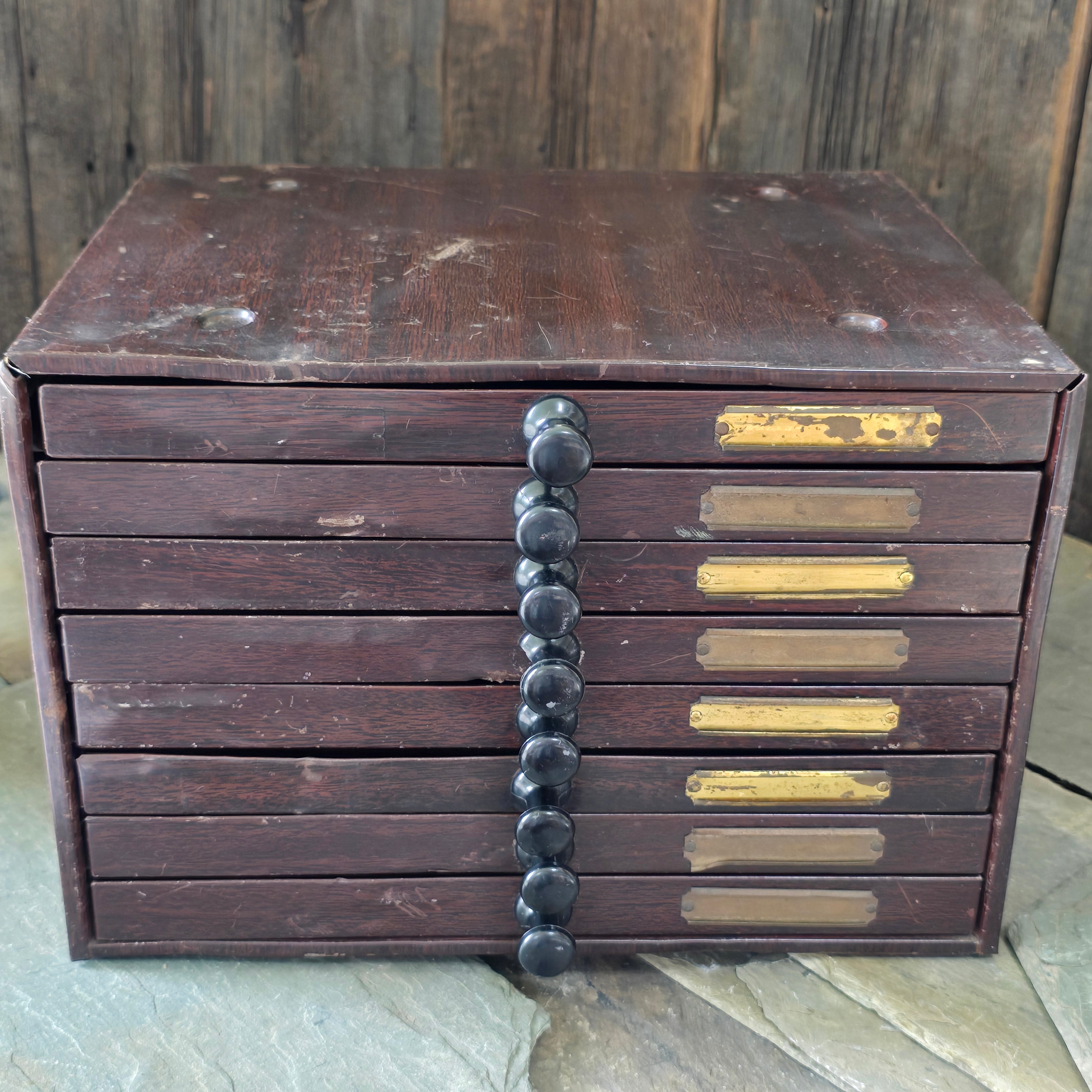 Vintage 8 Drawer Tin Watchmakers Cabinet Drawered Unit w/ Faux Wood Grain