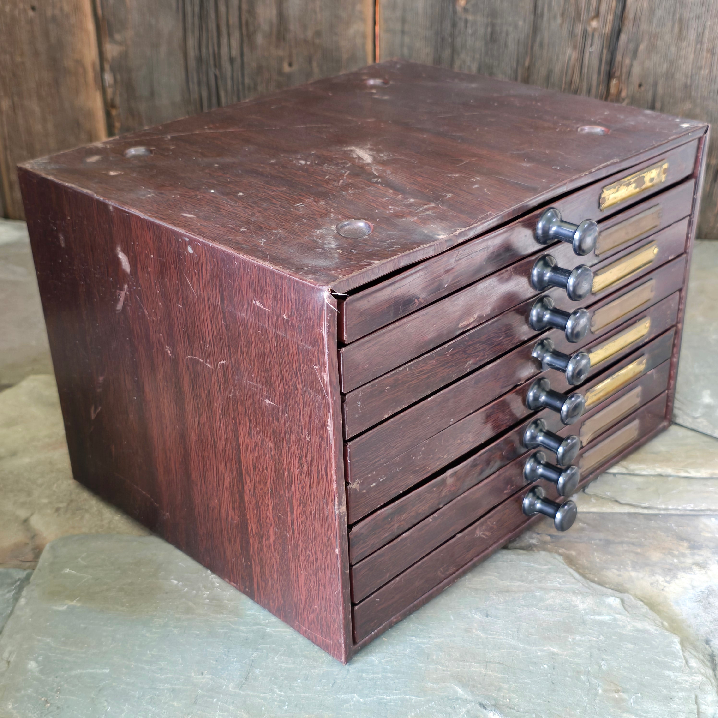 Vintage 8 Drawer Tin Watchmakers Cabinet Drawered Unit w/ Faux Wood Grain
