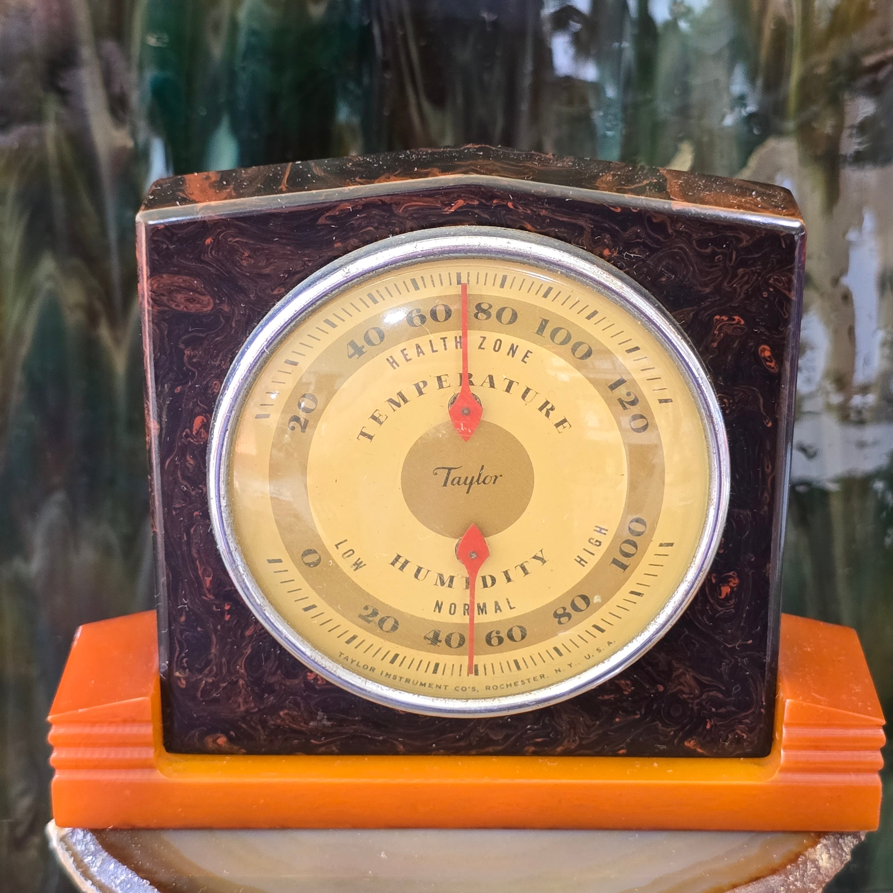1930's Art Deco Antique Taylor Swirled Bakelite Catalin Thermometer Barometer