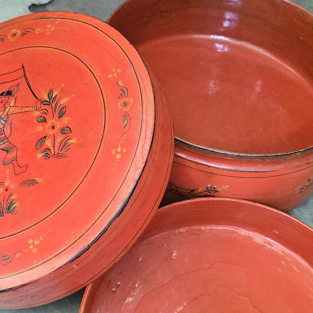 Antique Handmade Burmese Lacquer Betel Box Kun-it Three Piece Lacquerware Box