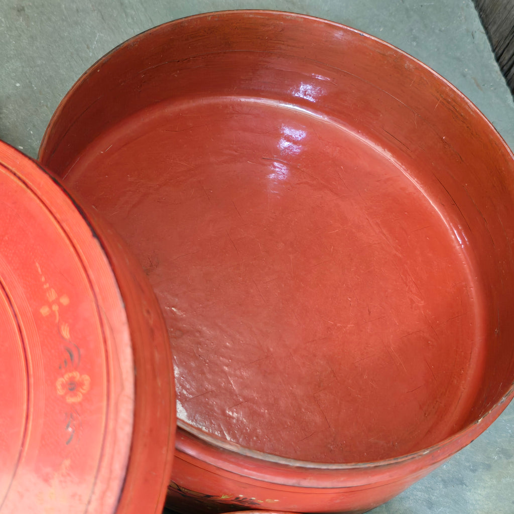 Antique Handmade Burmese Lacquer Betel Box Kun-it Three Piece Lacquerware Box
