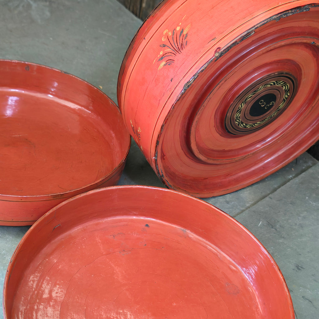 Antique Handmade Burmese Lacquer Betel Box Kun-it Three Piece Lacquerware Box