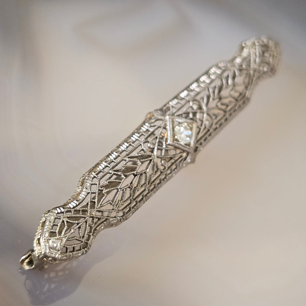Antique 14k Gold Art Deco Filigree Bar Brooch with Diamond Estate Jewelry Pin