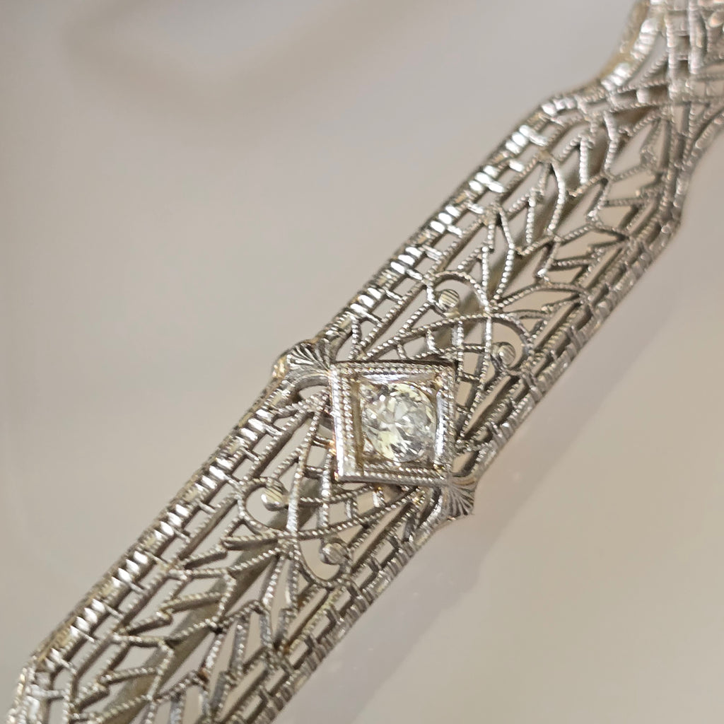 Antique 14k Gold Art Deco Filigree Bar Brooch with Diamond Estate Jewelry Pin