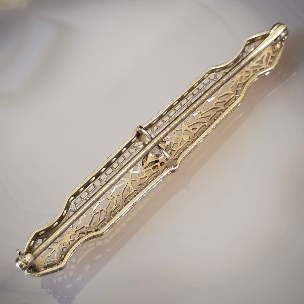 Antique 14k Gold Art Deco Filigree Bar Brooch with Diamond Estate Jewelry Pin