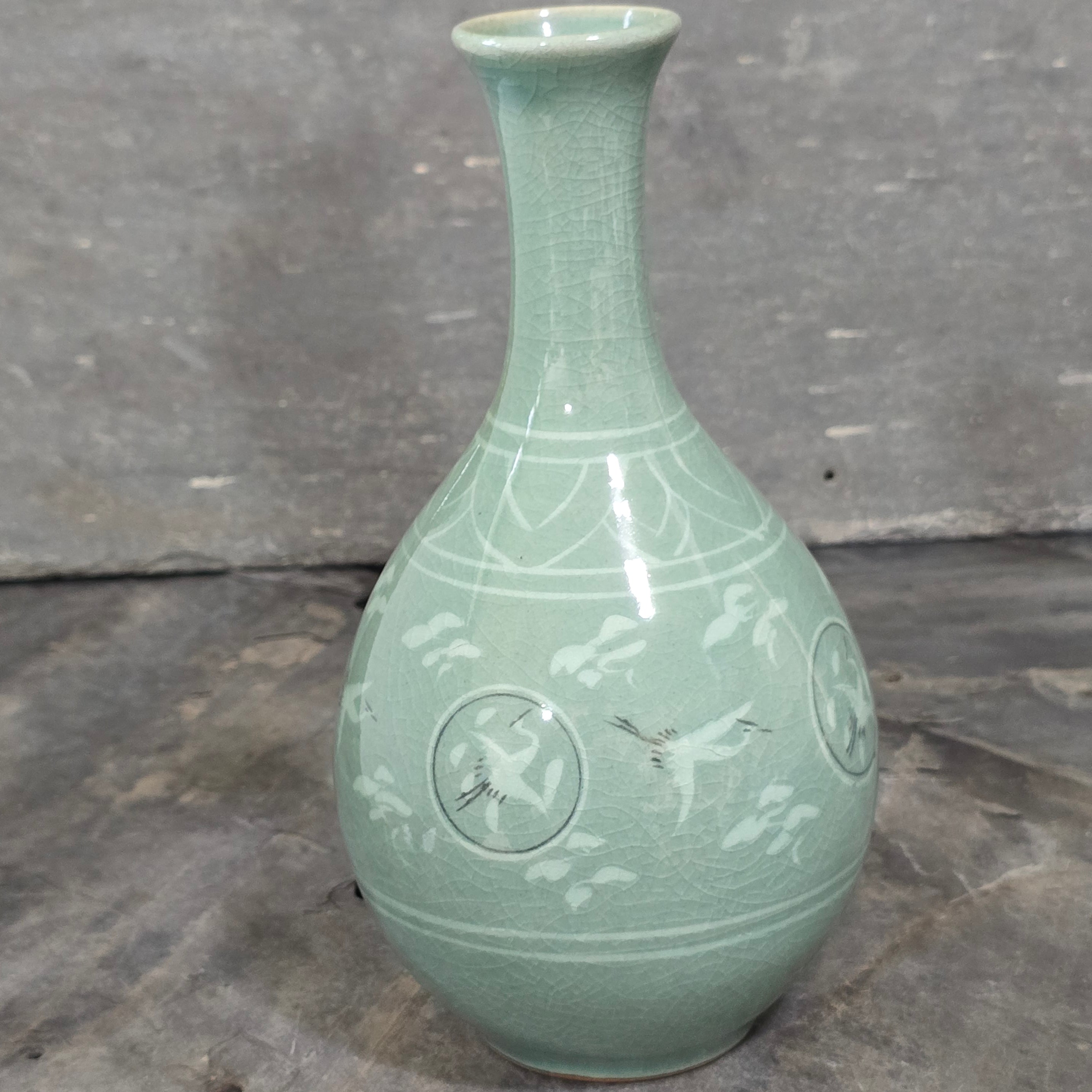 Vintage Korean Goryeo Celadon Thousand Cranes Gourd Shaped Signed Vase