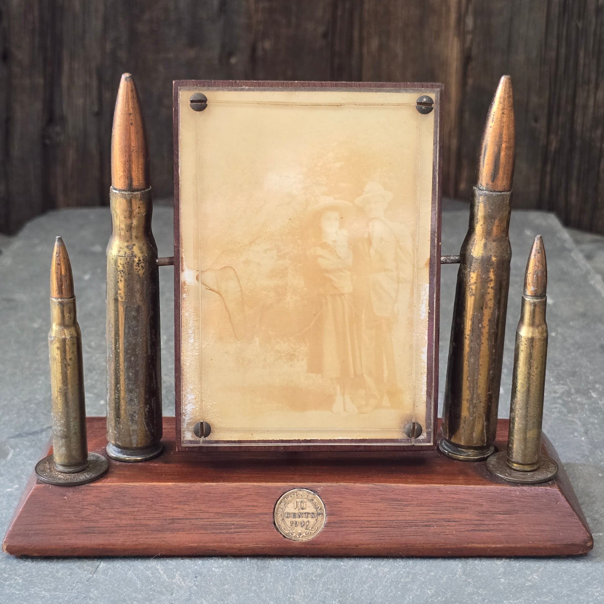 1940's WW2 Era Trench Art Picture Photo Frame w/ Military Bullets & Coins