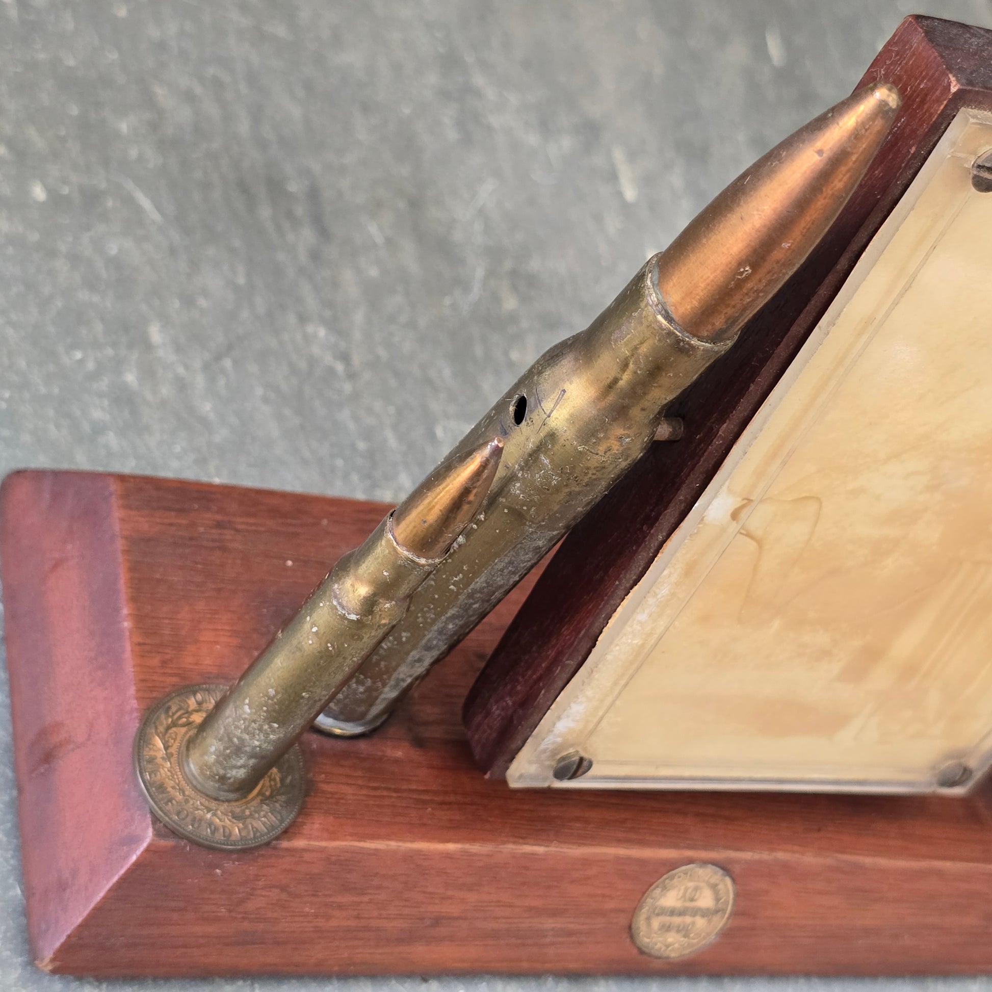 1940's WW2 Era Trench Art Picture Photo Frame w/ Military Bullets & Coins
