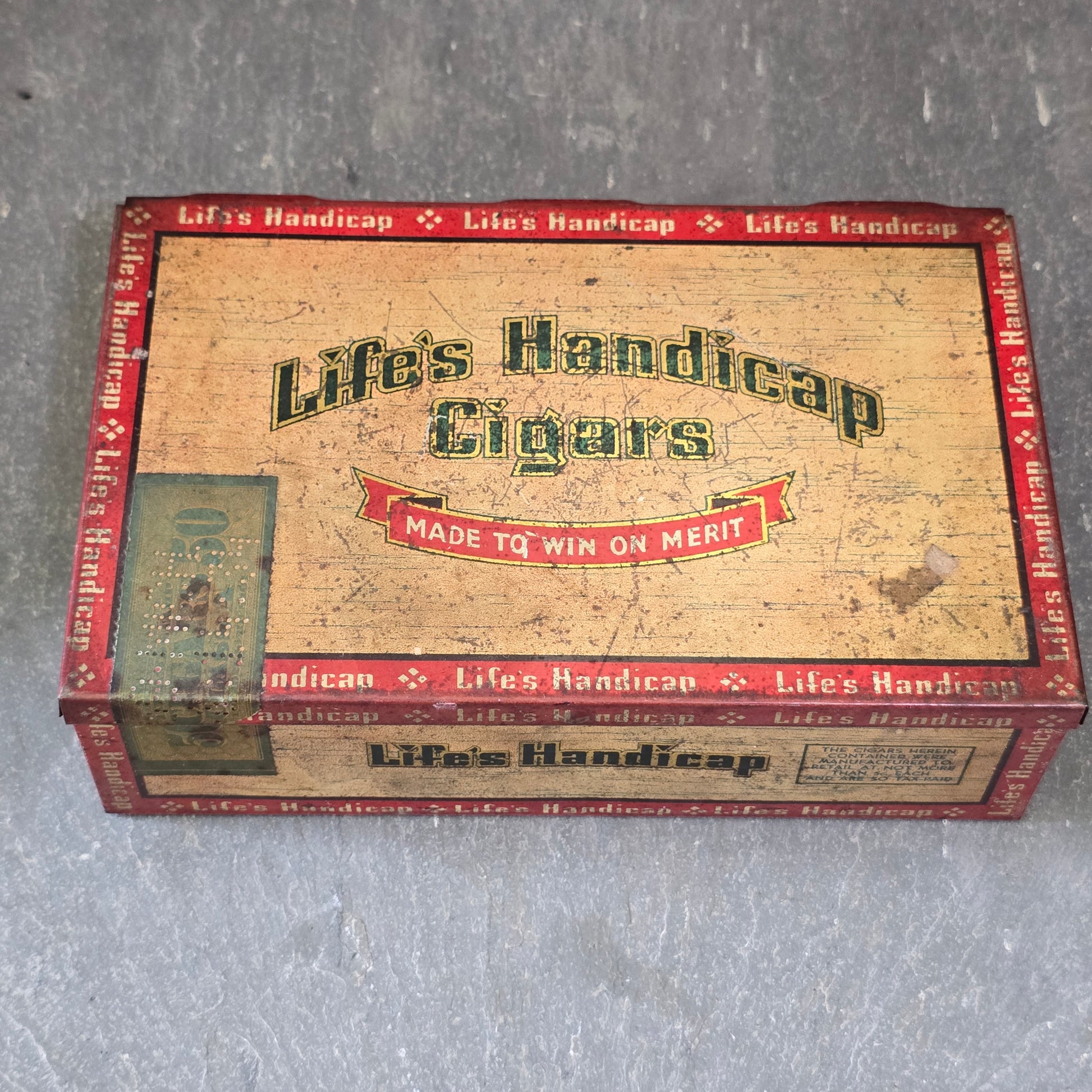 Antique Life's Handicap 5¢ Cigars Tin Litho Advertising Cigar Box w/ NRA Symbol
