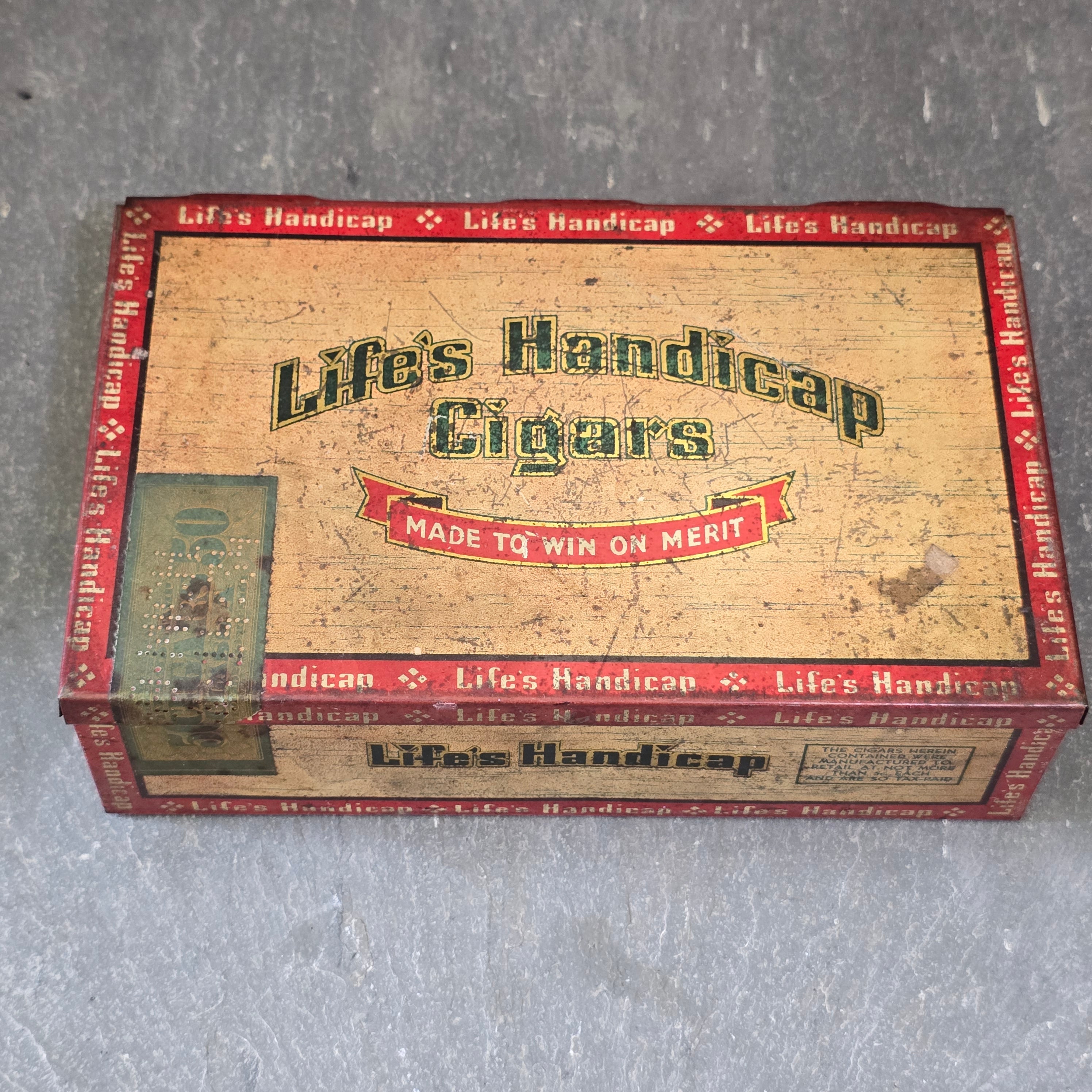Antique Life's Handicap 5¢ Cigars Tin Litho Advertising Cigar Box w/ NRA Symbol