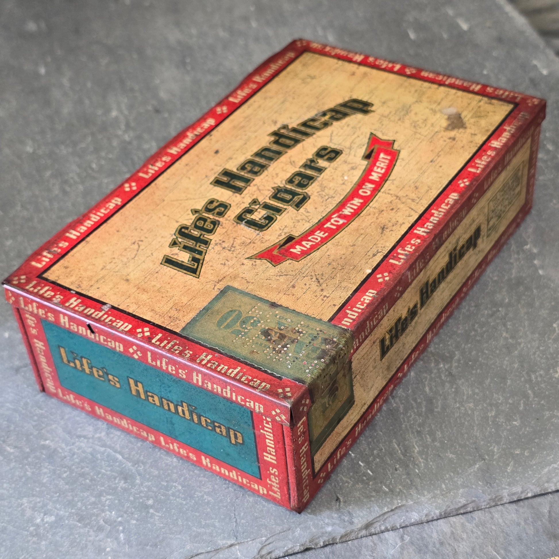 Antique Life's Handicap 5¢ Cigars Tin Litho Advertising Cigar Box w/ NRA Symbol