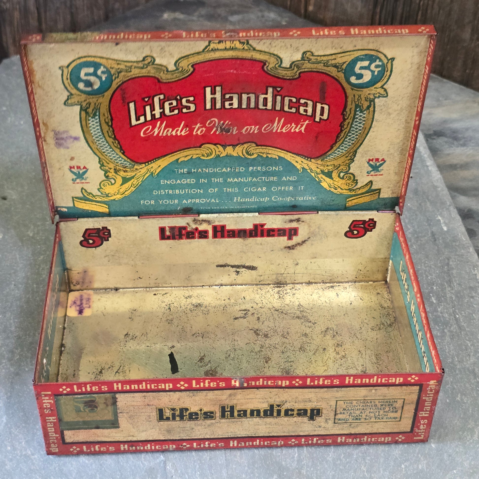 Antique Life's Handicap 5¢ Cigars Tin Litho Advertising Cigar Box w/ NRA Symbol