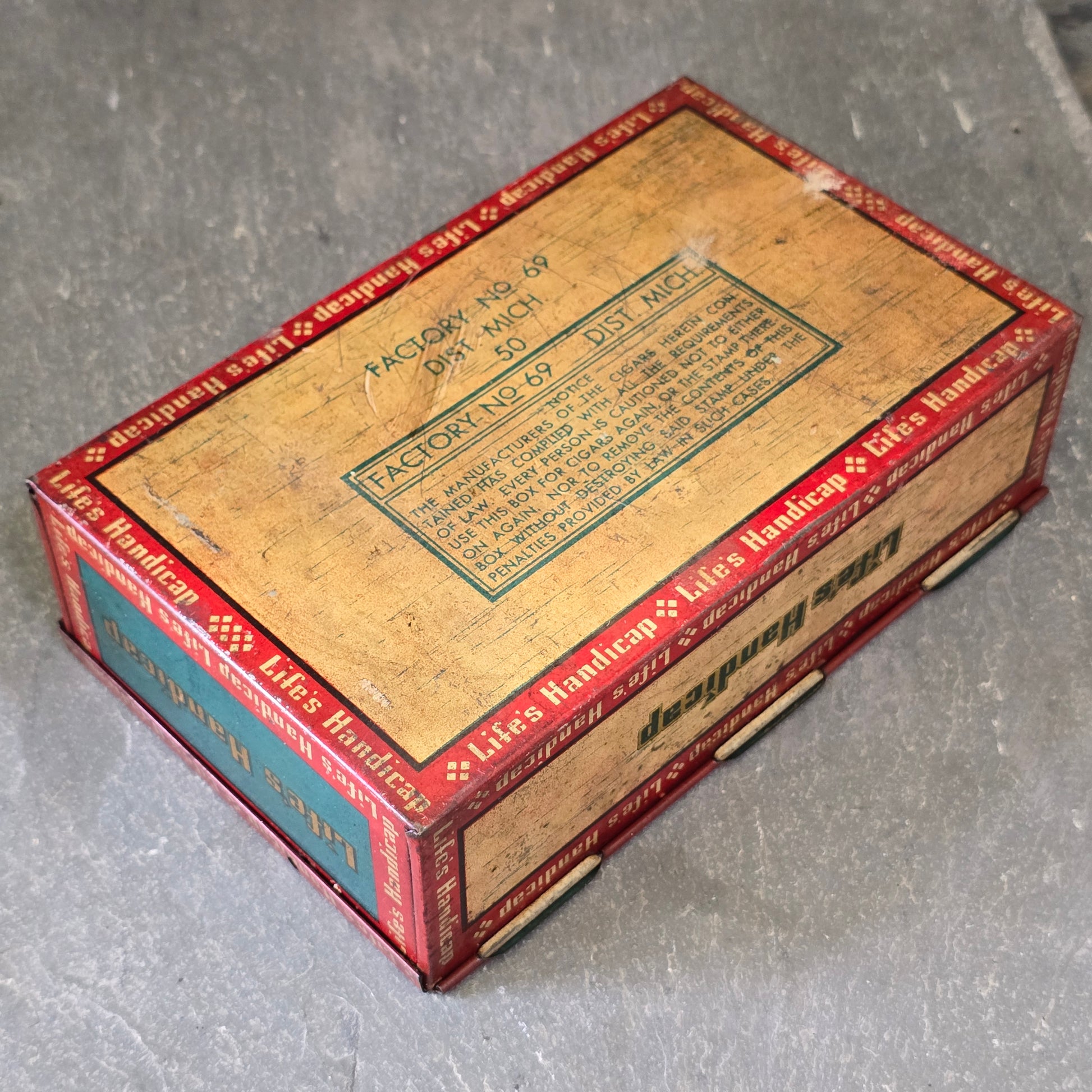 Antique Life's Handicap 5¢ Cigars Tin Litho Advertising Cigar Box w/ NRA Symbol