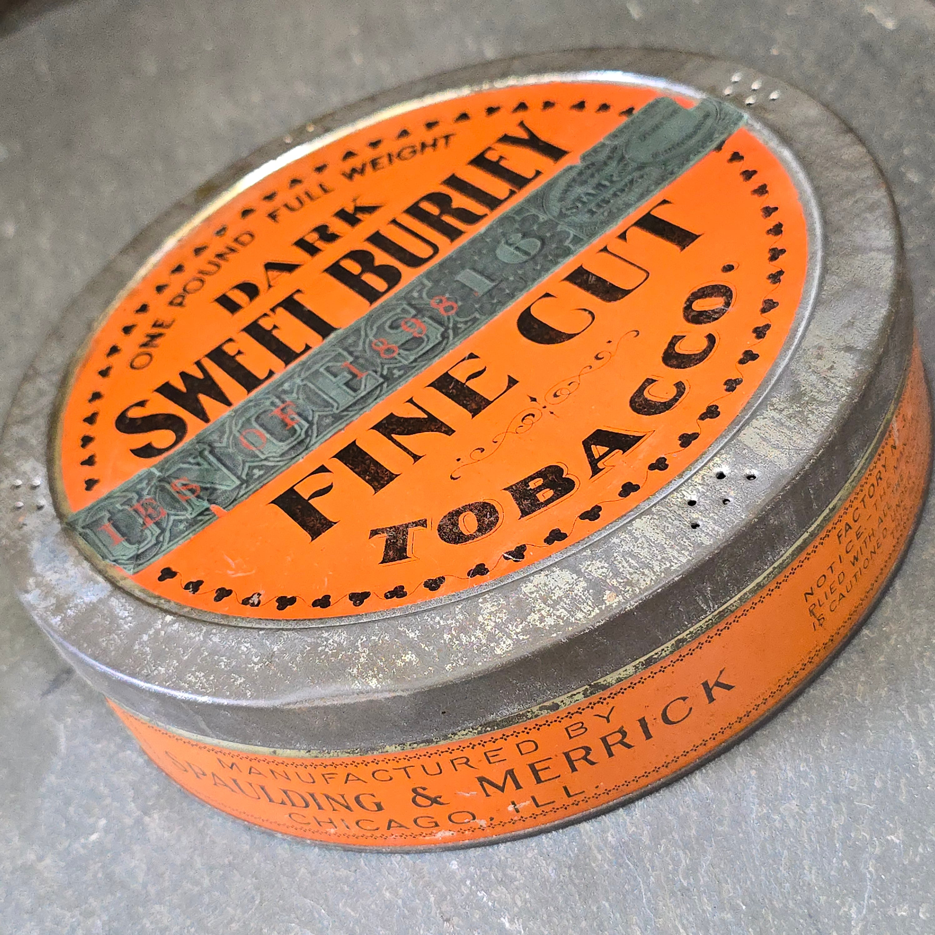 Spaulding & Merrick Dark Sweet Burley Fine Cut Tobacco Tin 1 Pound Can Chicago