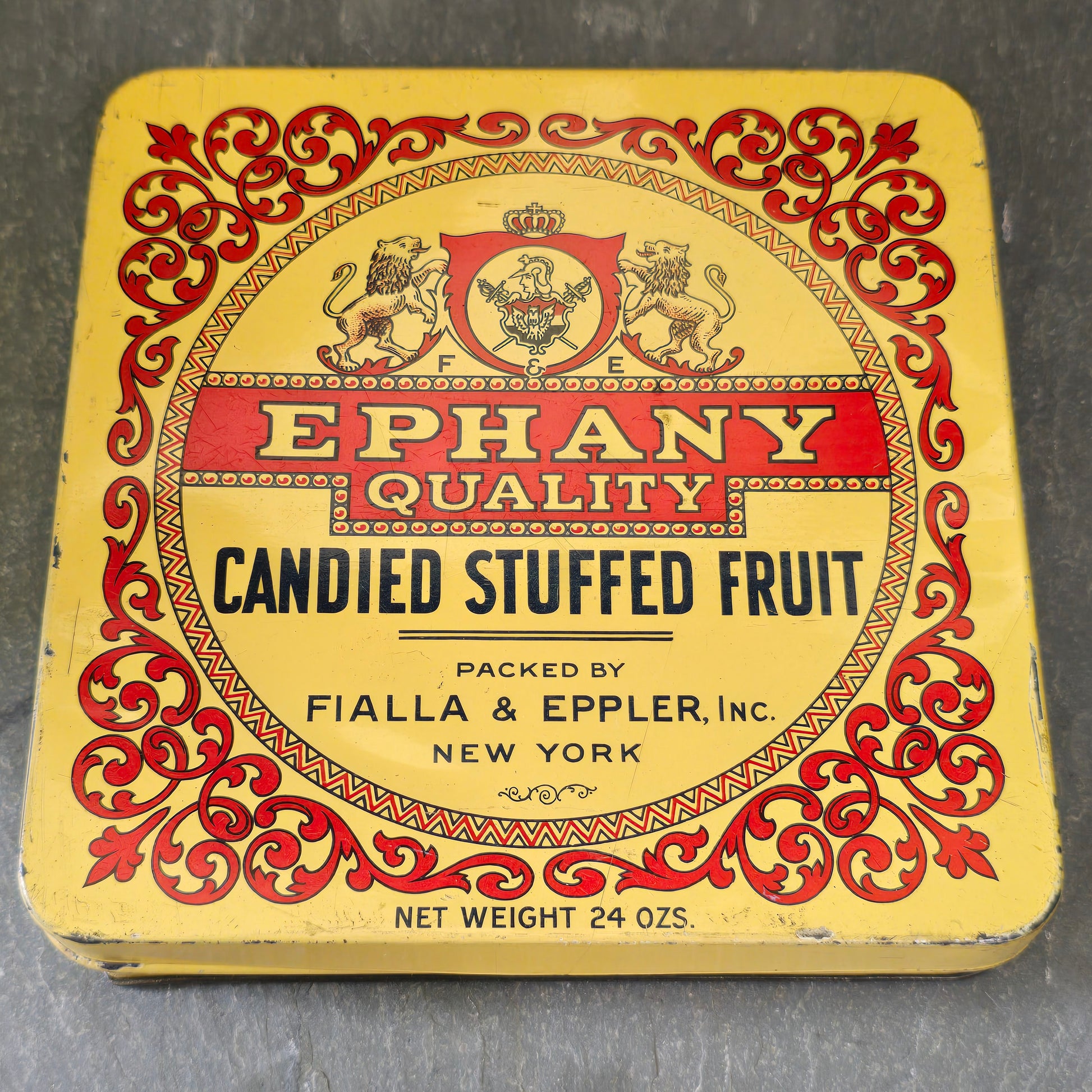 Antique Ephany Quality Candied Stuffed Fruit Candy Advertising Tin Box