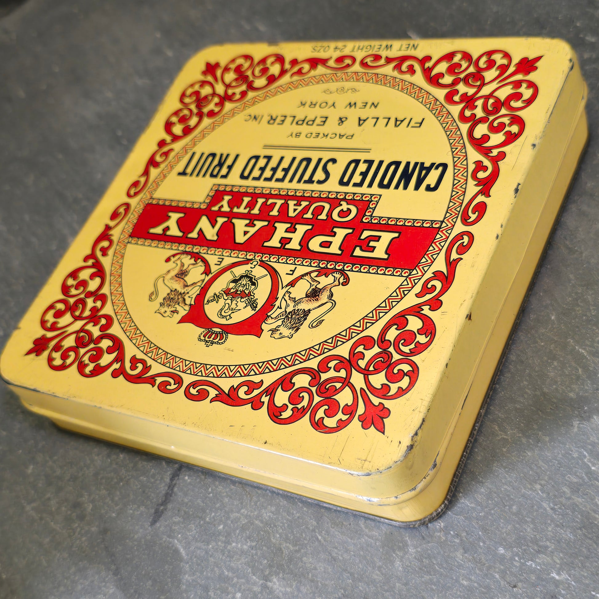 Antique Ephany Quality Candied Stuffed Fruit Candy Advertising Tin Box