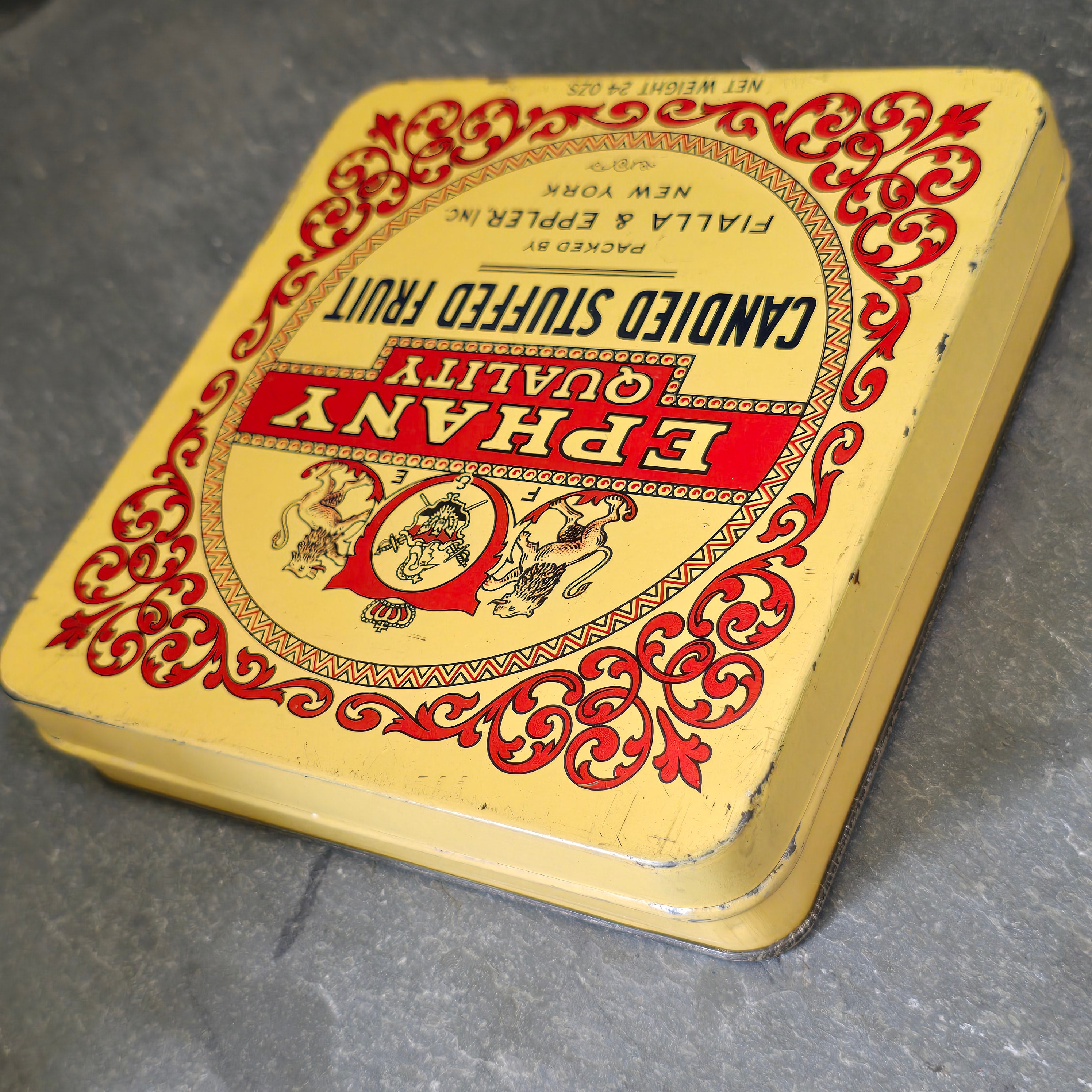 Antique Ephany Quality Candied Stuffed Fruit Candy Advertising Tin Box