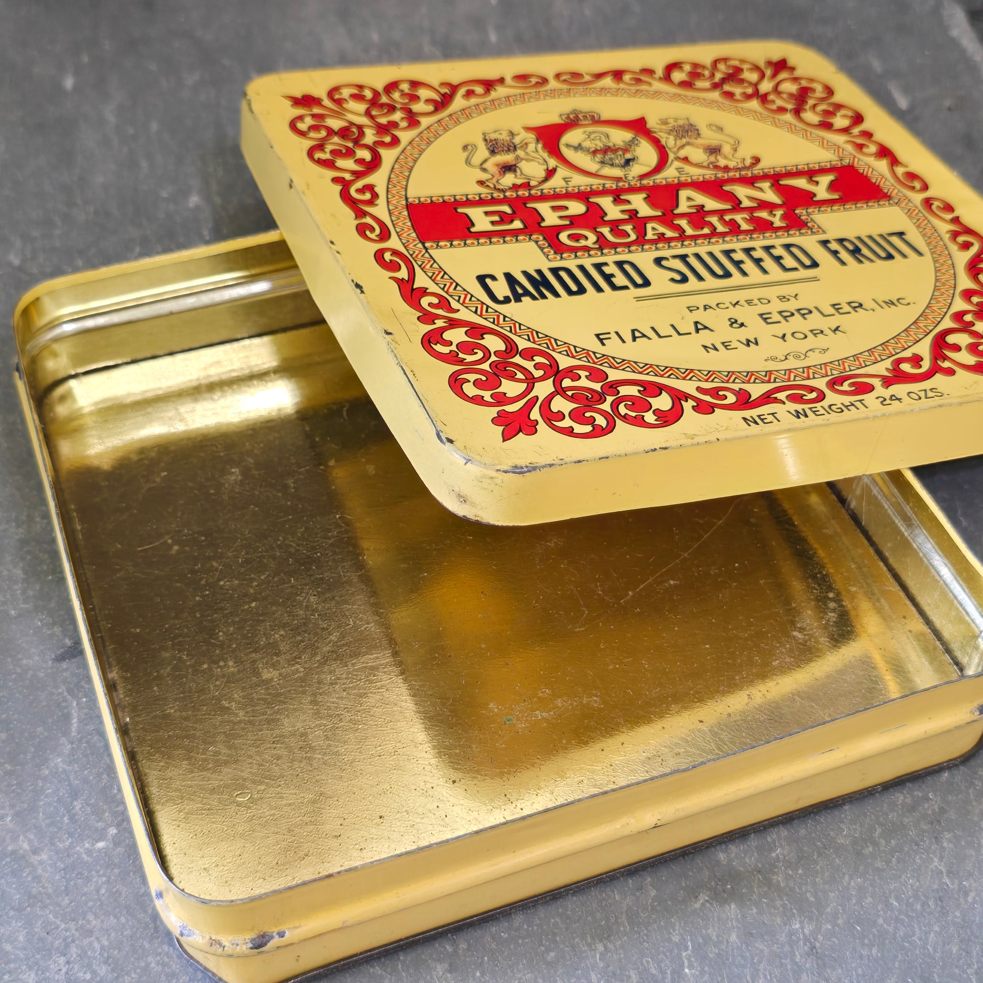 Antique Ephany Quality Candied Stuffed Fruit Candy Advertising Tin Box