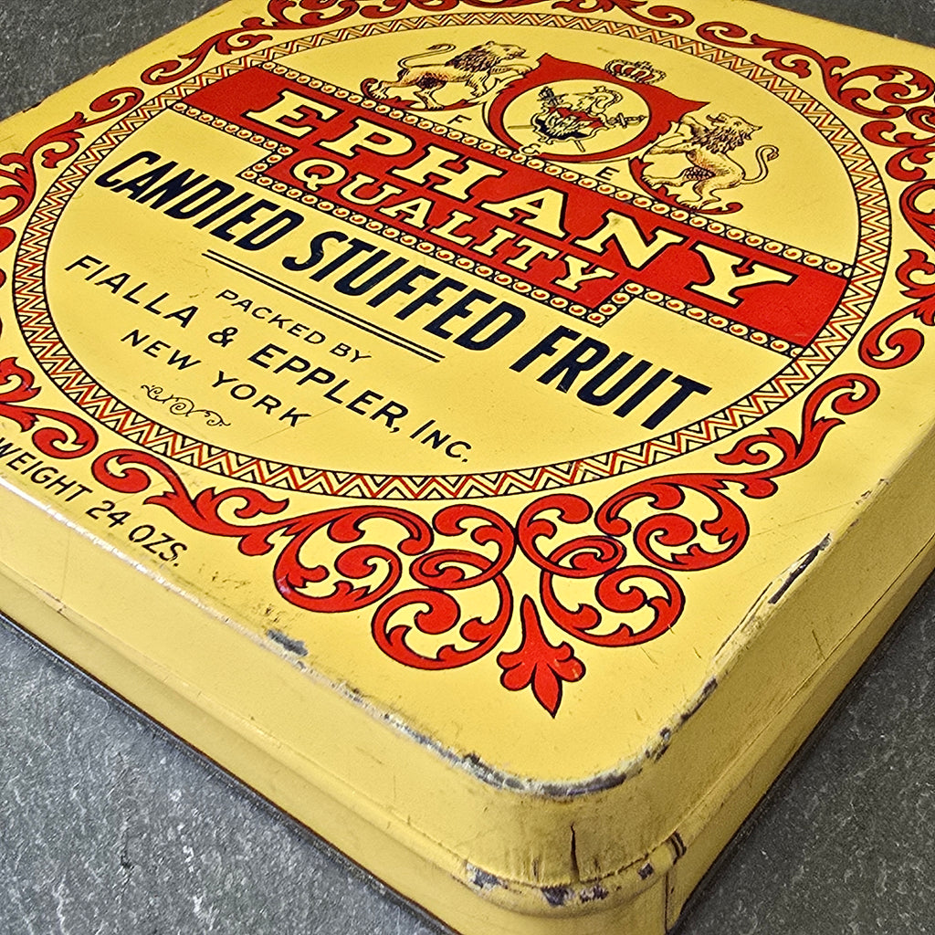 Antique Ephany Quality Candied Stuffed Fruit Candy Advertising Tin Box