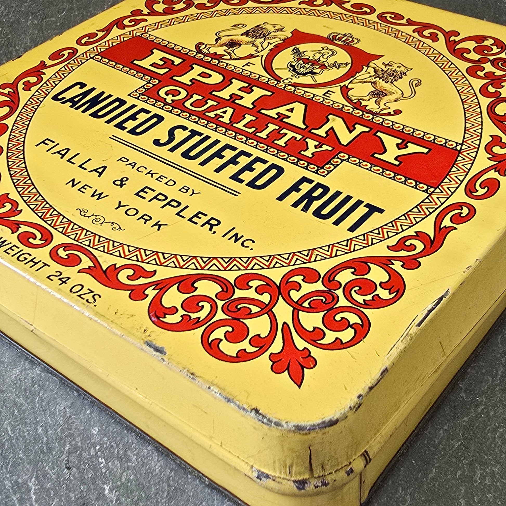 Antique Ephany Quality Candied Stuffed Fruit Candy Advertising Tin Box