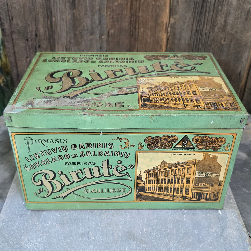 Birute Antique Early 1900's Lithuanian Chocolate Candy Advertising Tin Box