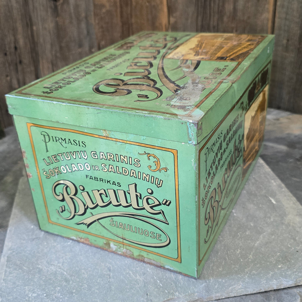 Birute Antique Early 1900's Lithuanian Chocolate Candy Advertising Tin Box