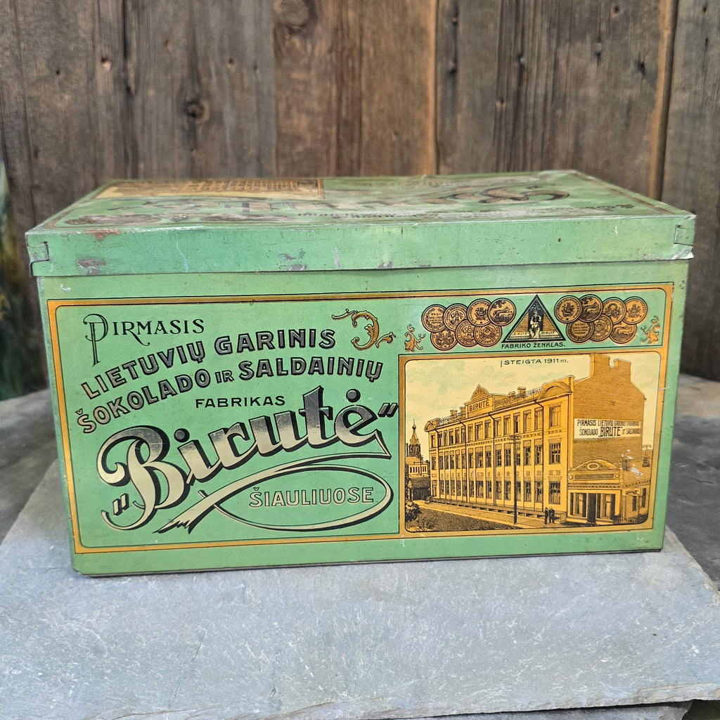Birute Antique Early 1900's Lithuanian Chocolate Candy Advertising Tin Box