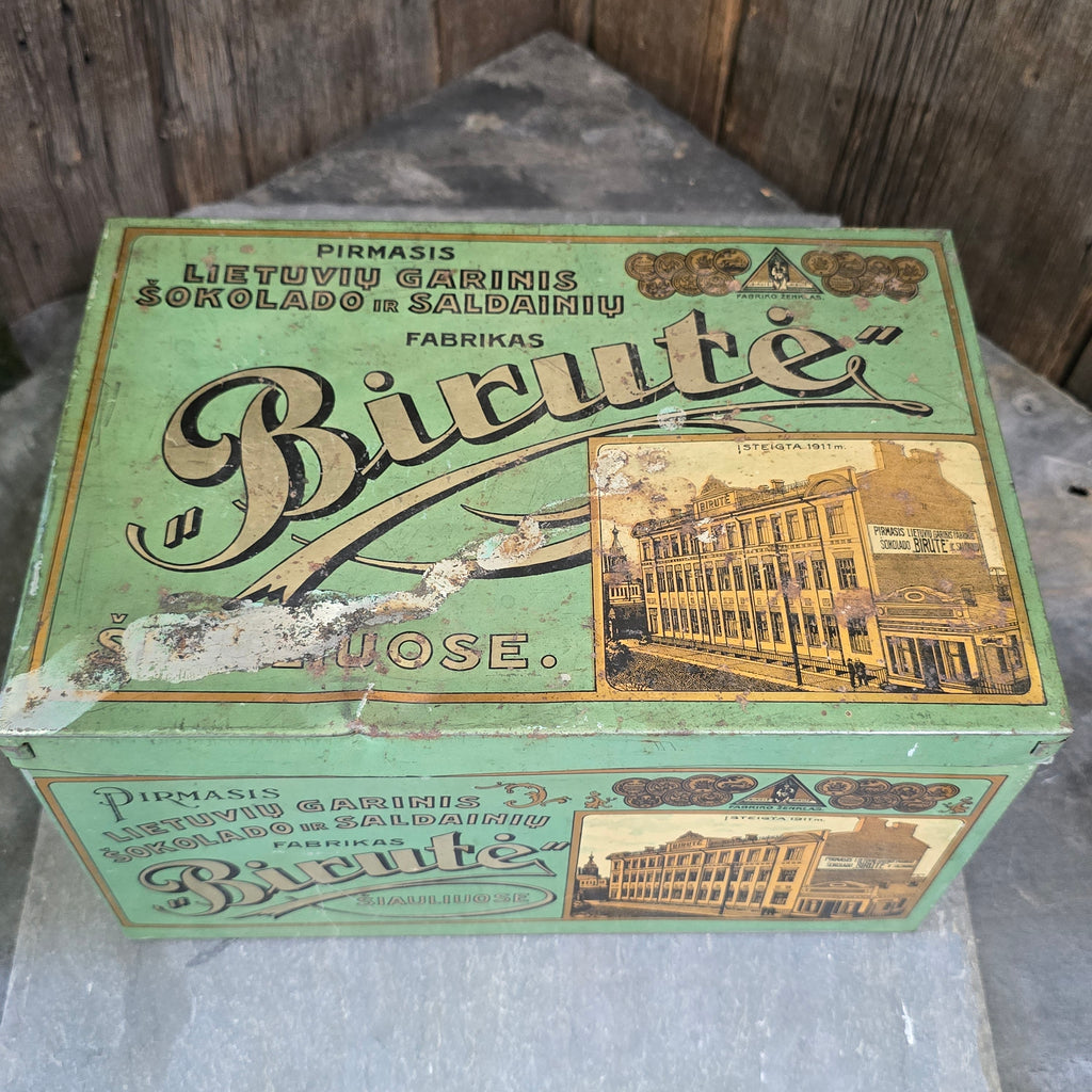 Birute Antique Early 1900's Lithuanian Chocolate Candy Advertising Tin Box