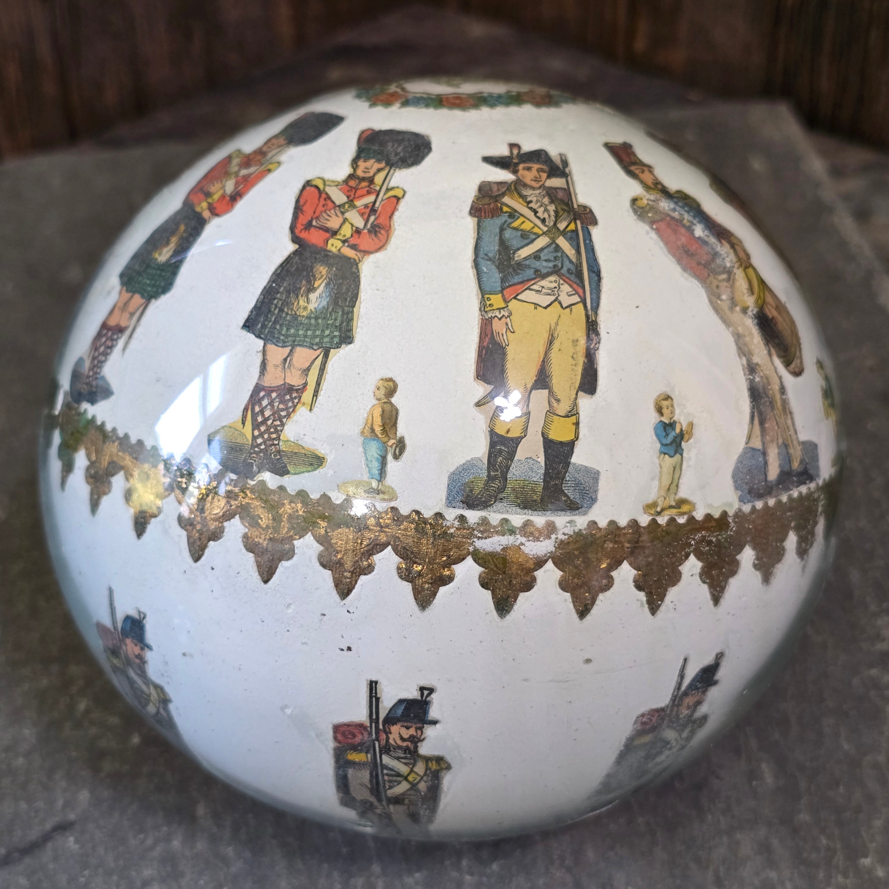 Victorian Handblown Witch Ball Decalcomania Glass Globe Soldiers Children Scraps