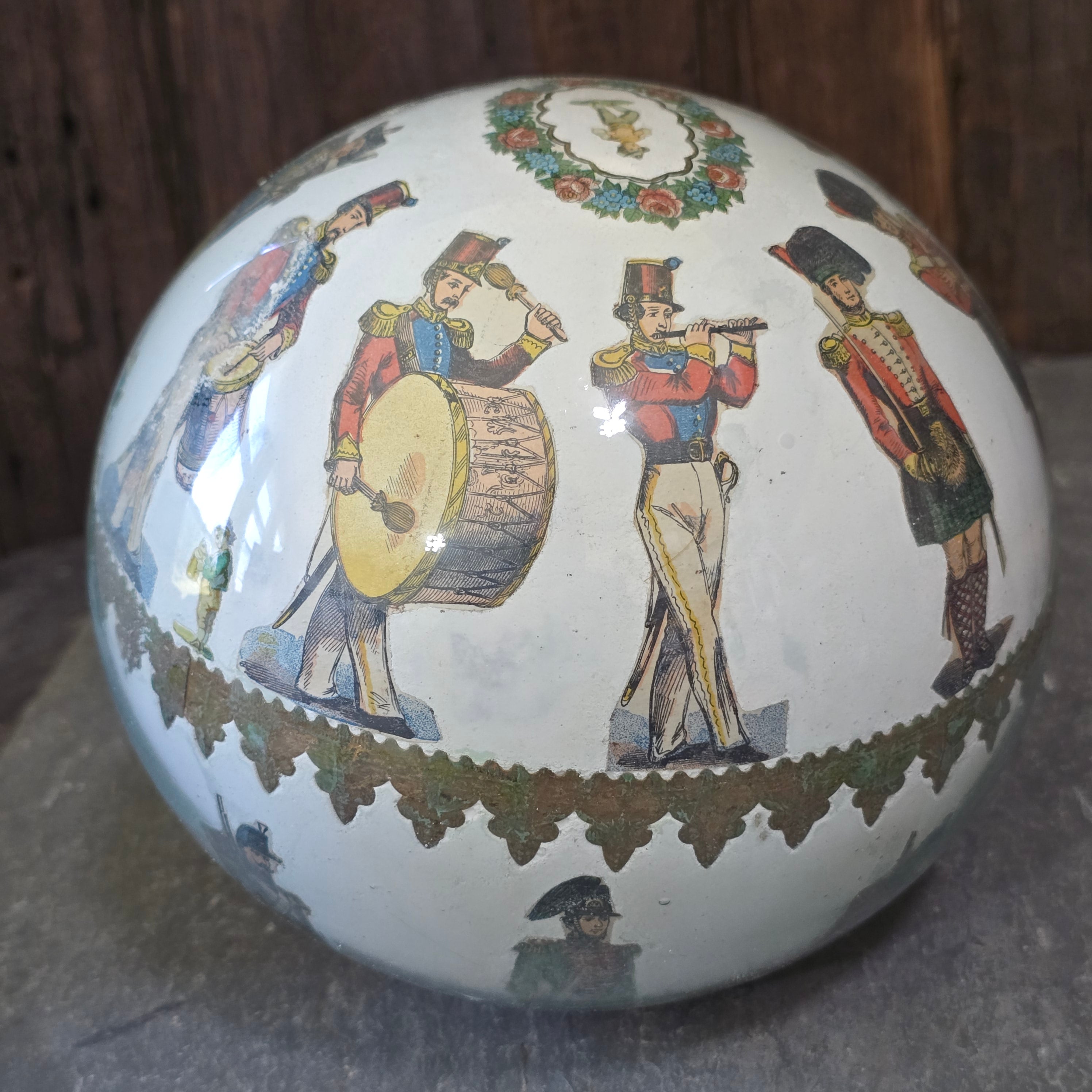 Victorian Handblown Witch Ball Decalcomania Glass Globe Soldiers Children Scraps