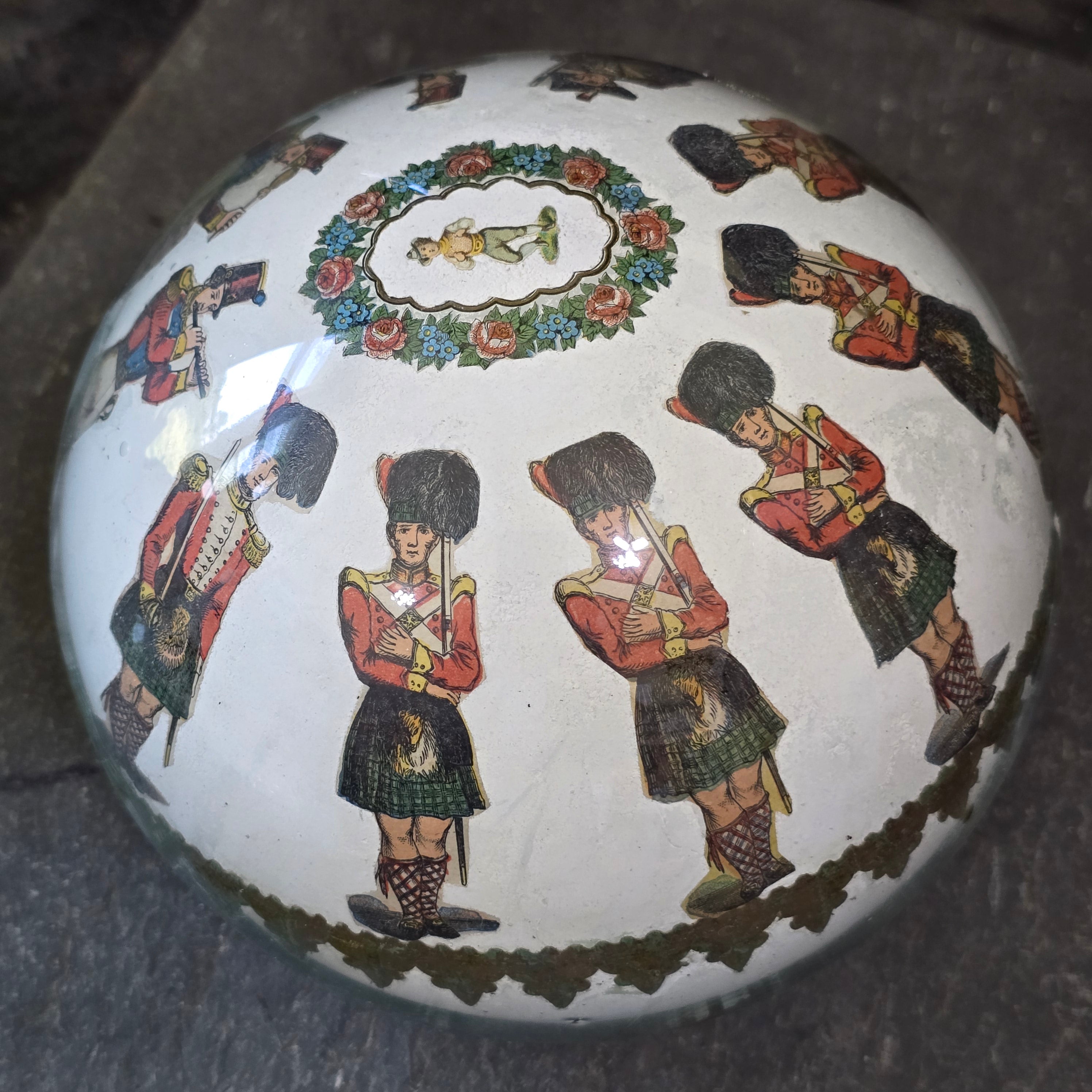 Victorian Handblown Witch Ball Decalcomania Glass Globe Soldiers Children Scraps