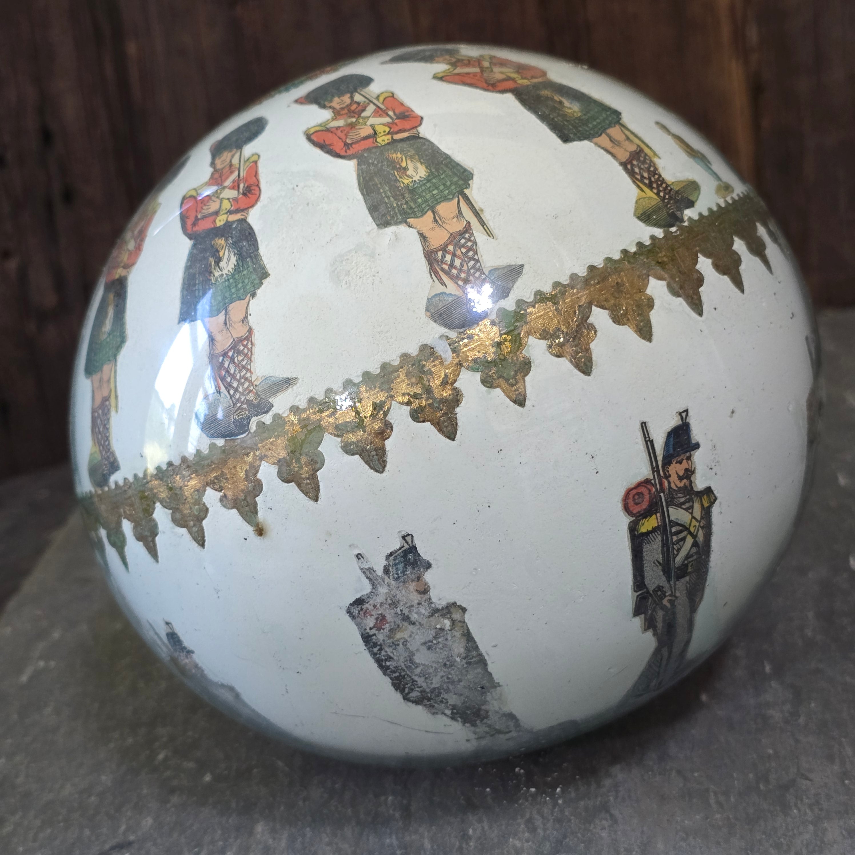 Victorian Handblown Witch Ball Decalcomania Glass Globe Soldiers Children Scraps