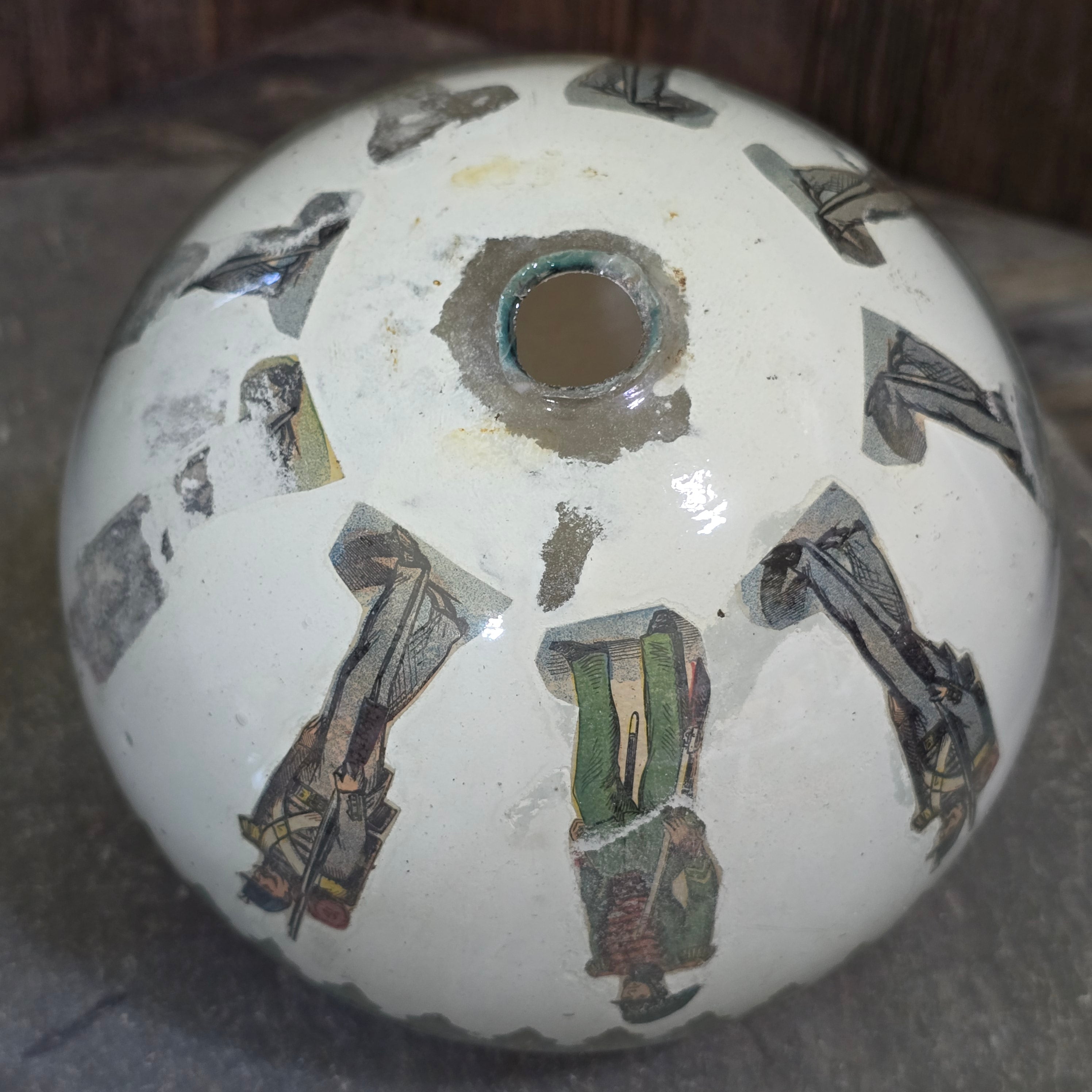 Victorian Handblown Witch Ball Decalcomania Glass Globe Soldiers Children Scraps