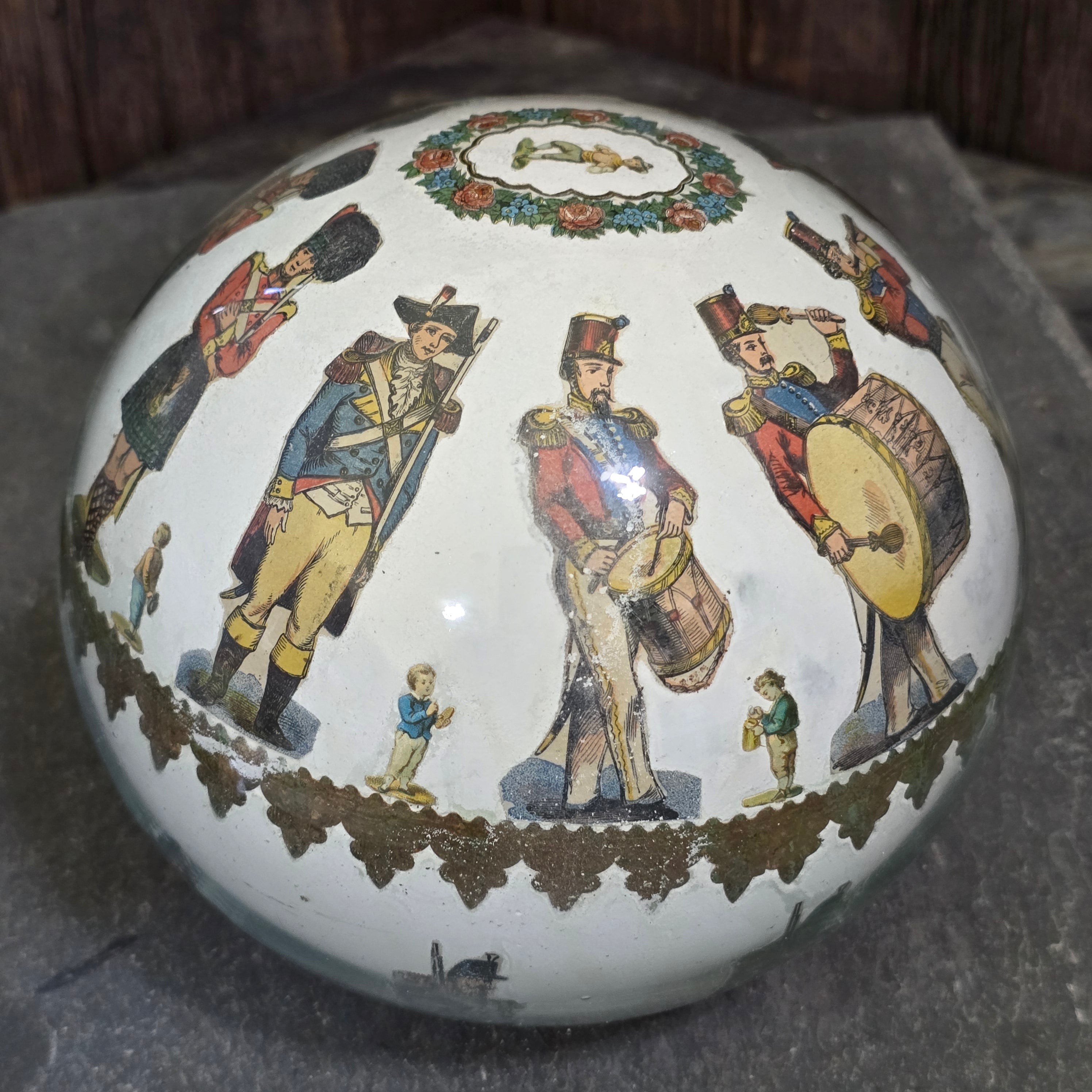 Victorian Handblown Witch Ball Decalcomania Glass Globe Soldiers Children Scraps