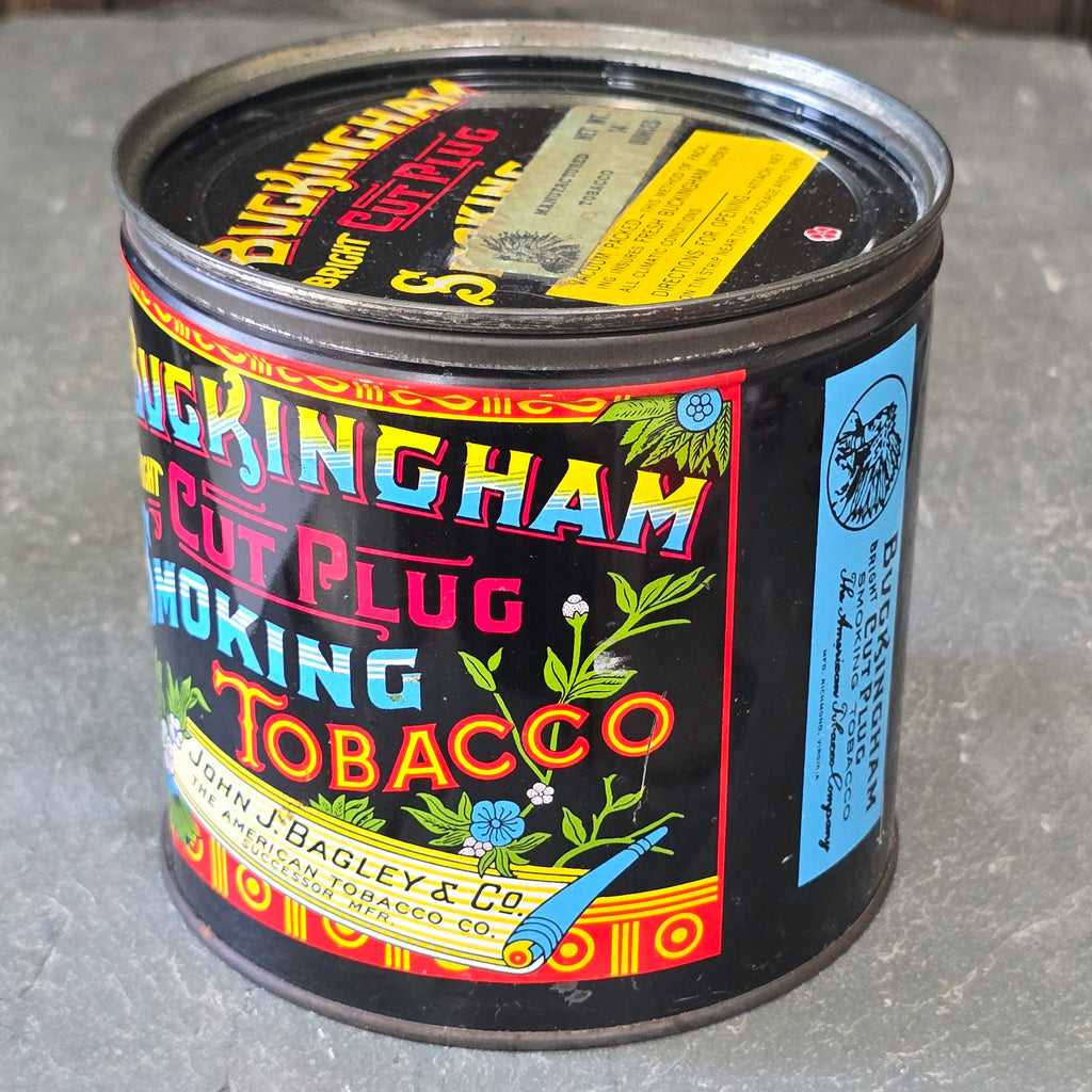 Buckingham Bright Cut Plug Smoking Tobacco Advertising Tin Can John J Bagley Co.