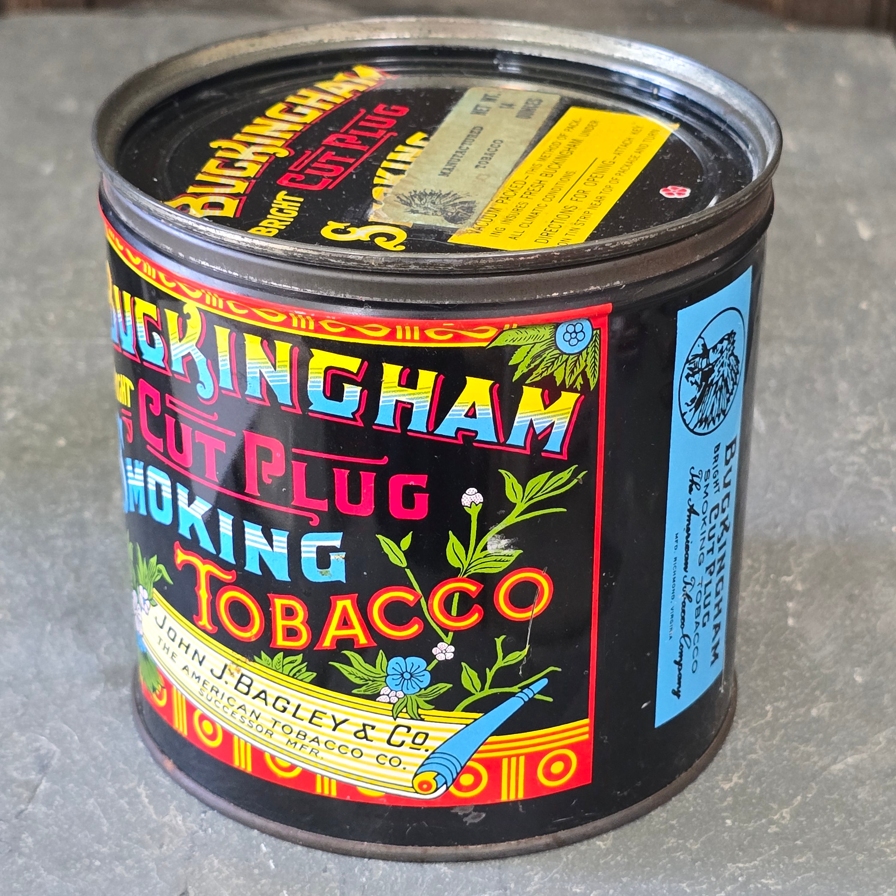 Buckingham Bright Cut Plug Smoking Tobacco Advertising Tin Can John J Bagley Co.
