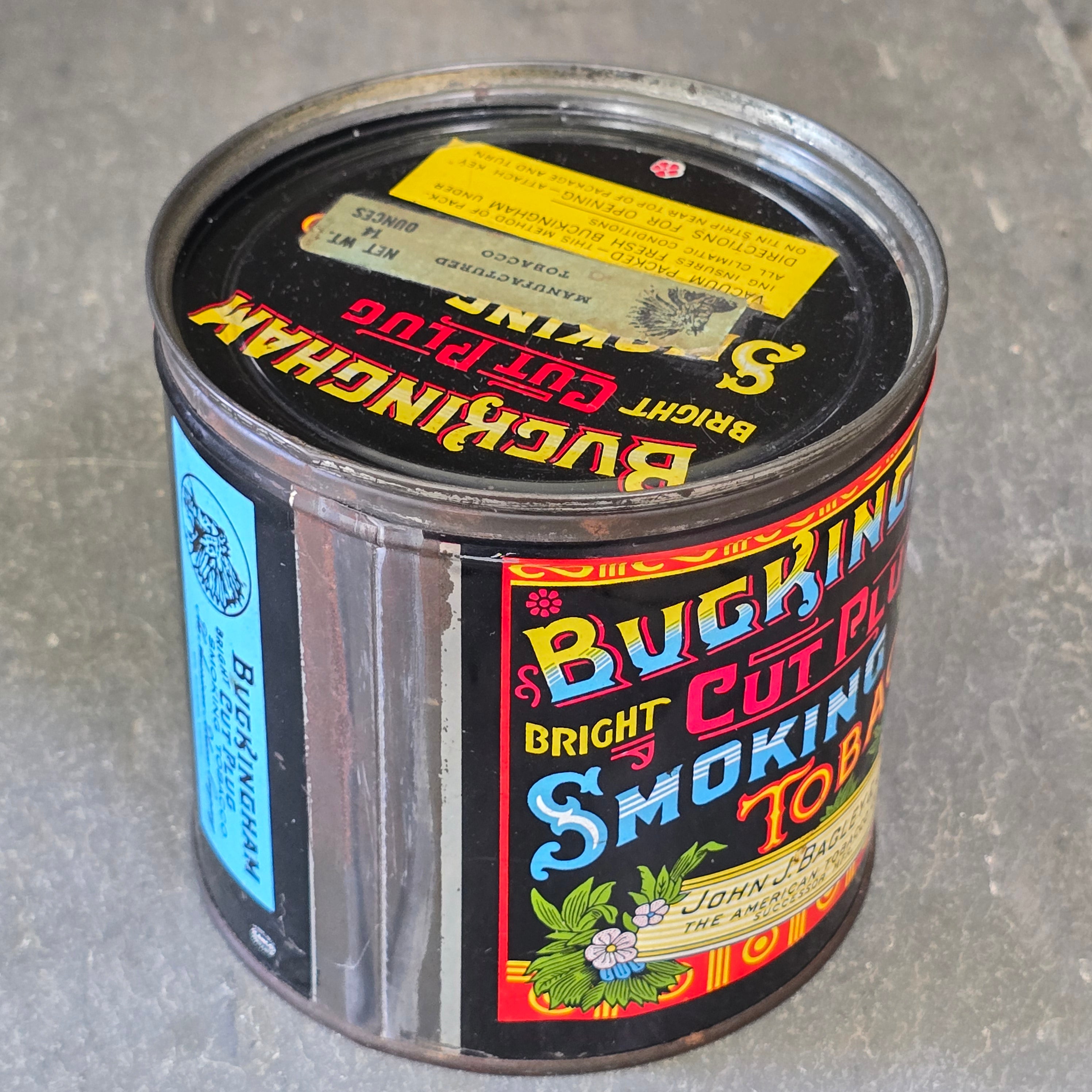 Buckingham Bright Cut Plug Smoking Tobacco Advertising Tin Can John J Bagley Co.