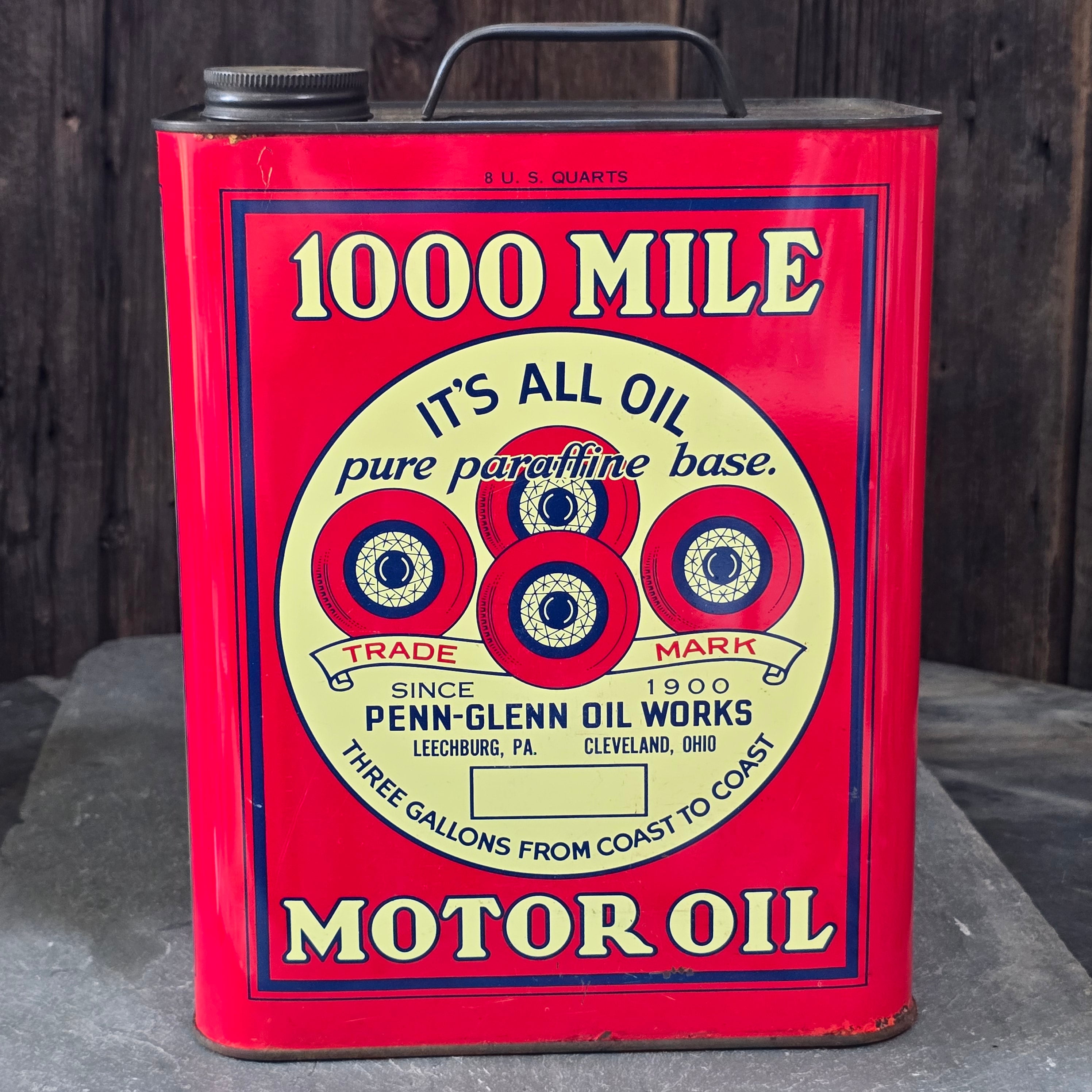 1000 Mile Motor Oil Antique Penn-Glenn Oil Works Can Leechburg, PA Cleveland