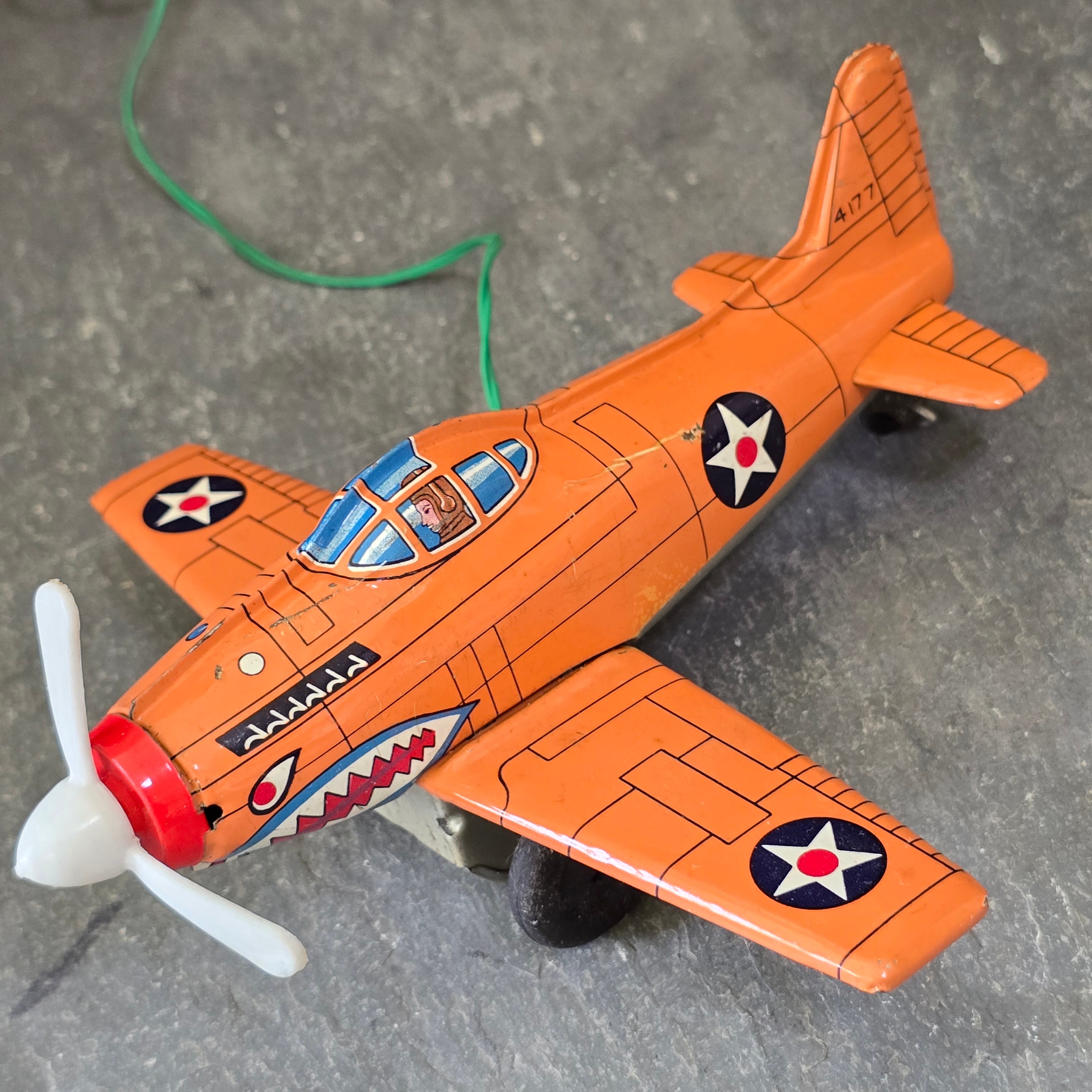 WW2 Era Vintage Marx Tin Litho P-51 Mustang Battery Operated Toy Army Plane Toy