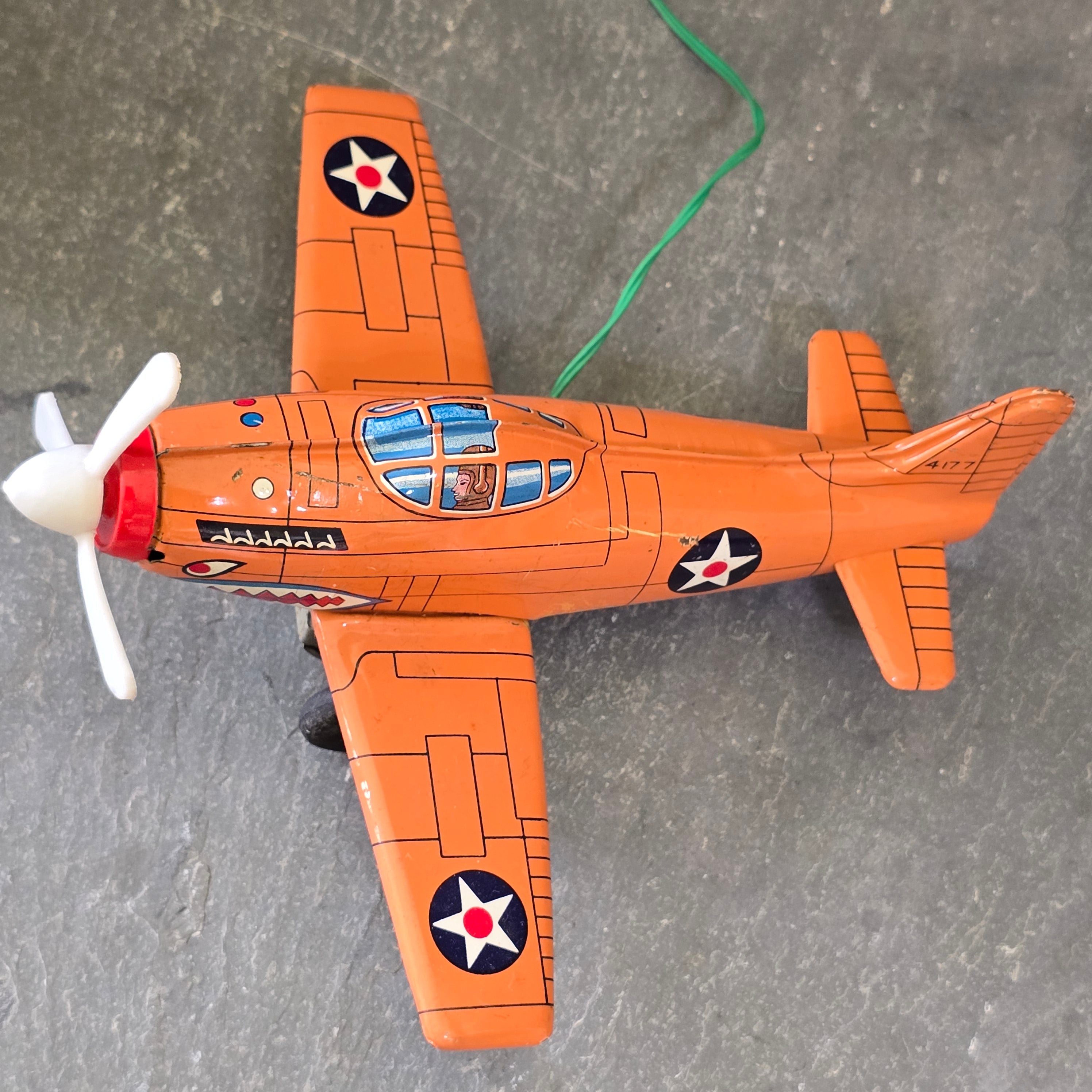 WW2 Era Vintage Marx Tin Litho P-51 Mustang Battery Operated Toy Army Plane Toy