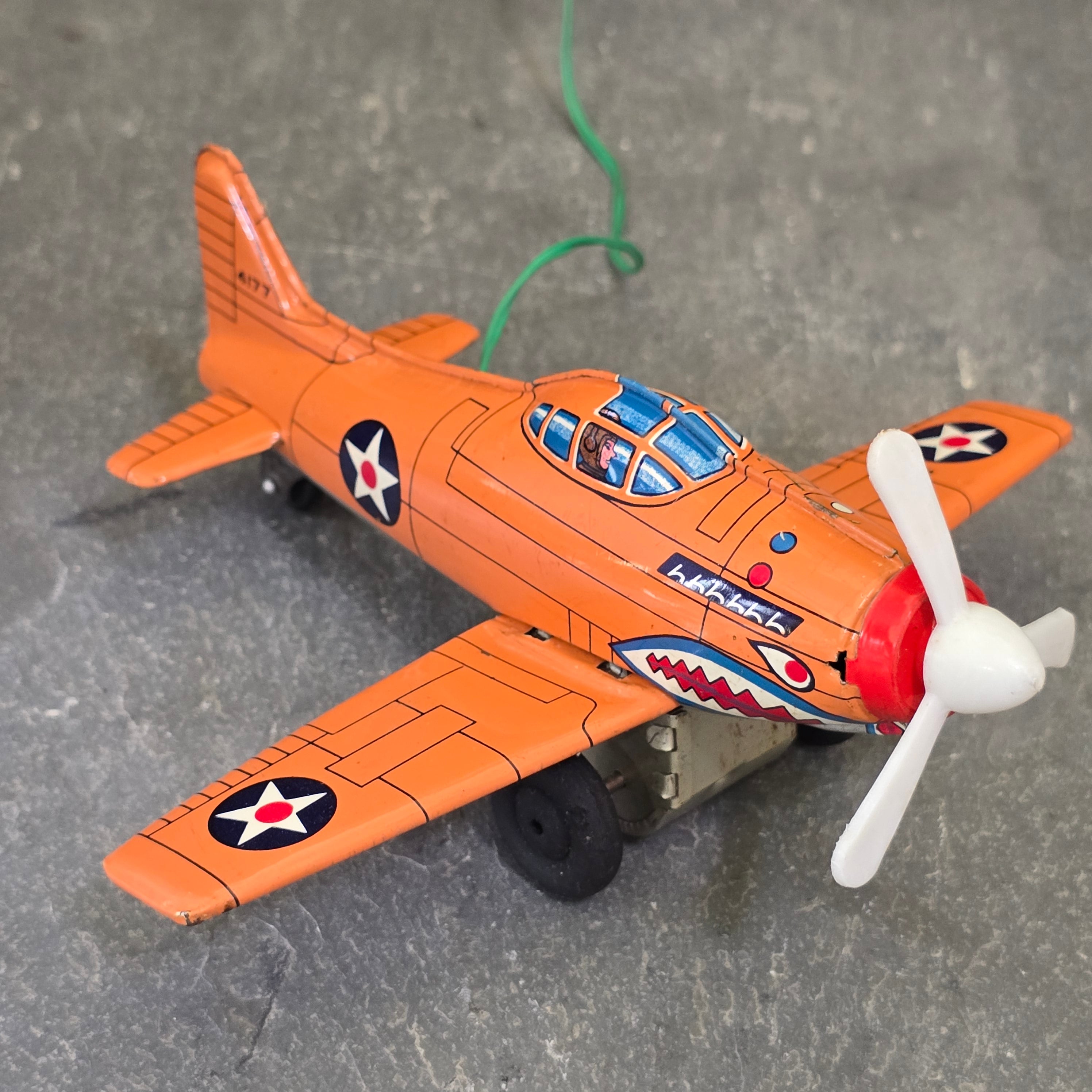 WW2 Era Vintage Marx Tin Litho P-51 Mustang Battery Operated Toy Army Plane Toy