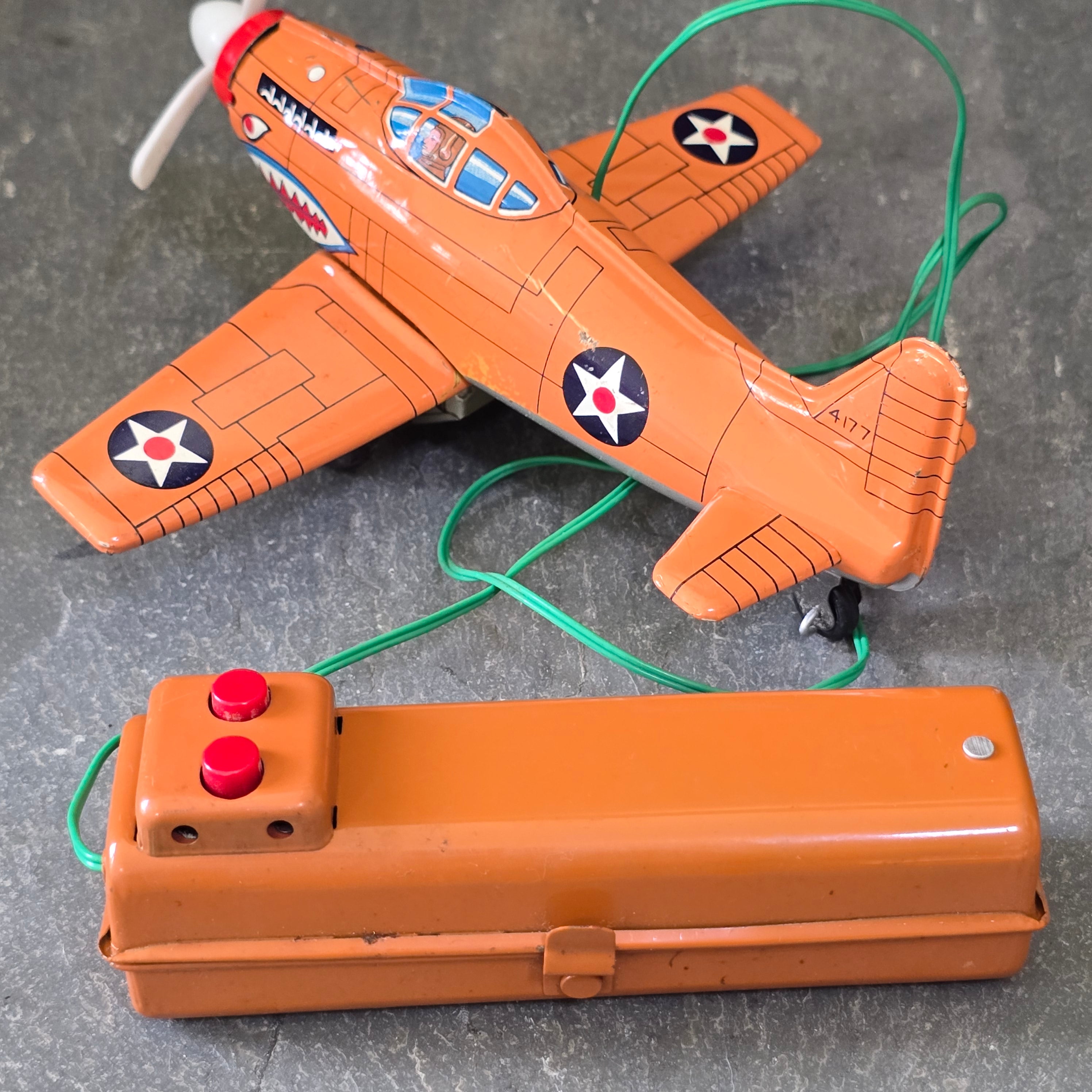 WW2 Era Vintage Marx Tin Litho P-51 Mustang Battery Operated Toy Army Plane Toy