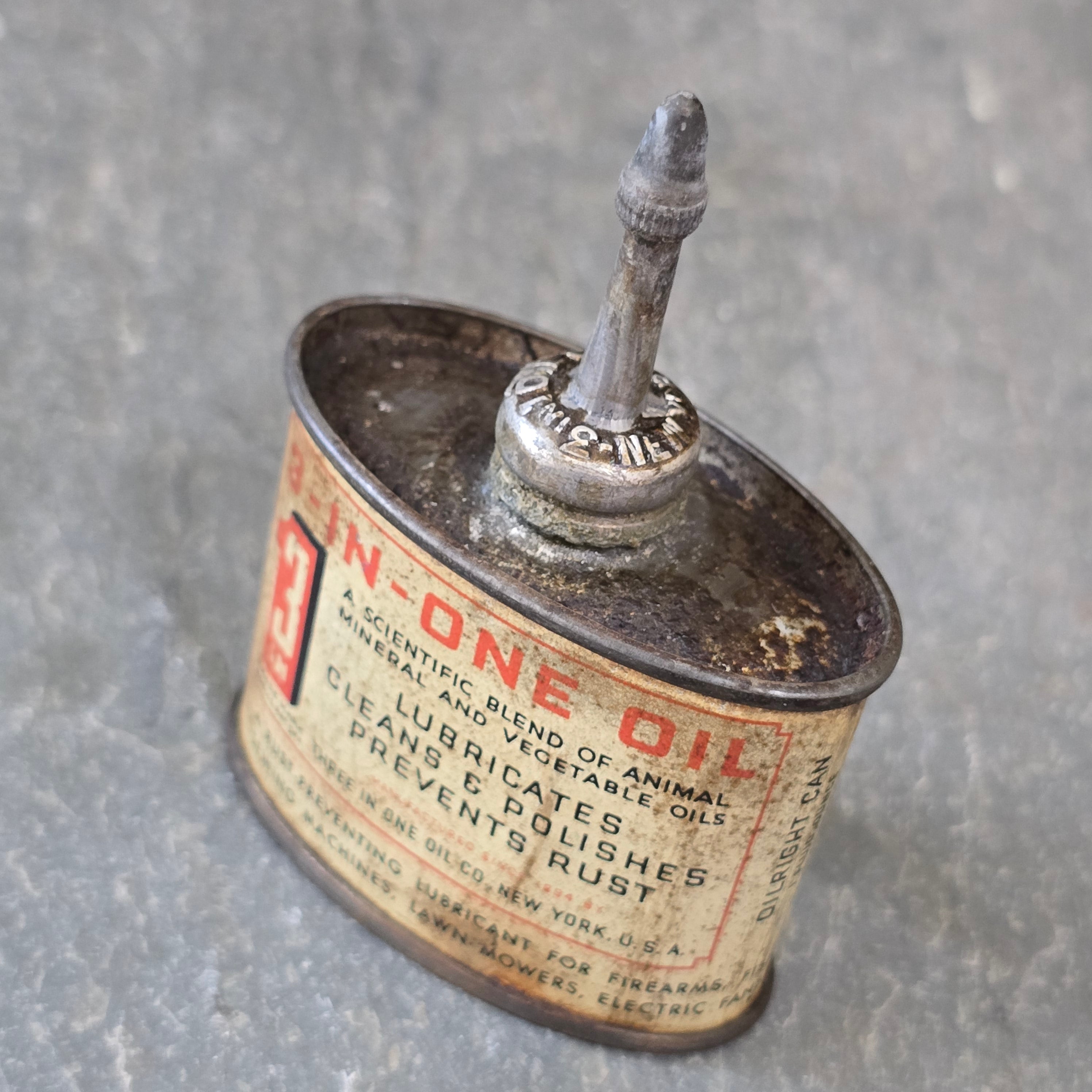 Scarce Small 1 Ounce 3-In-One Oil Advertising Tin Can Oiler w/ Lead Spout & Cap