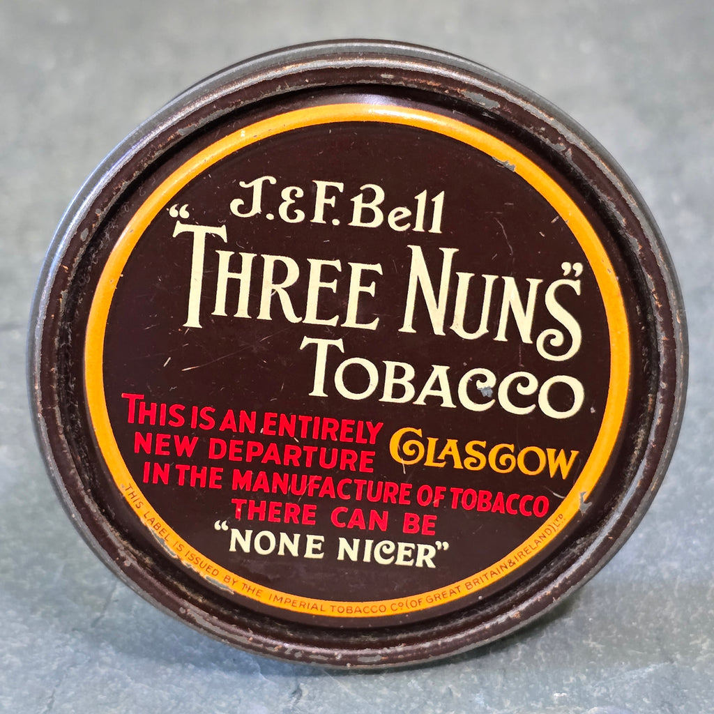 J. & F. Bell Three Nuns Tobacco Small Antique 2 Ounce Advertising Tin Can Box